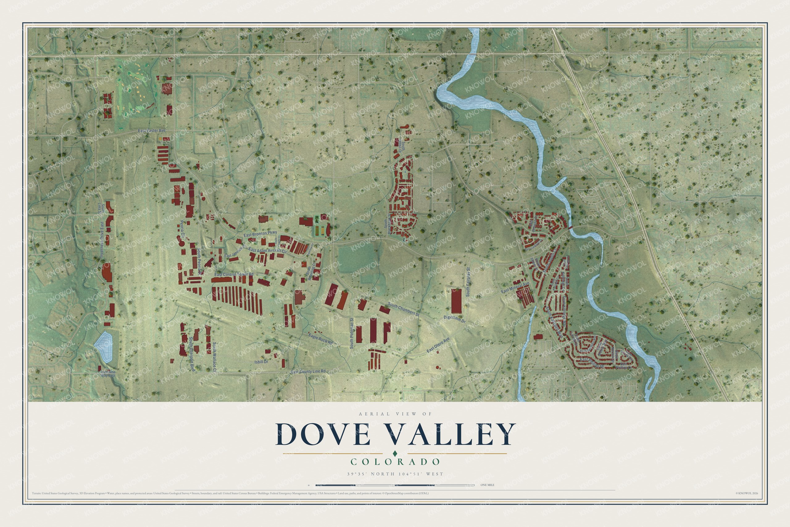 Full map of Dove Valley, Colorado, with red buildings, printed street names and the land around them
