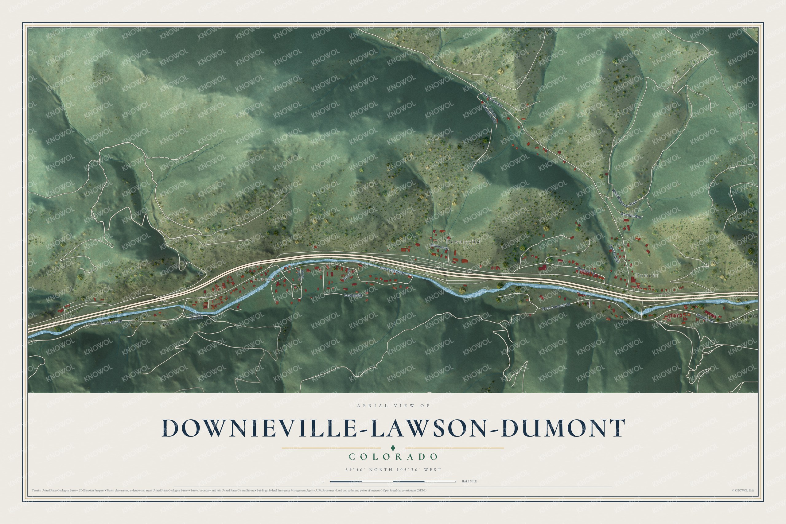 Full map of Downieville-Lawson-Dumont, Colorado, with red buildings, printed street names and the land around them