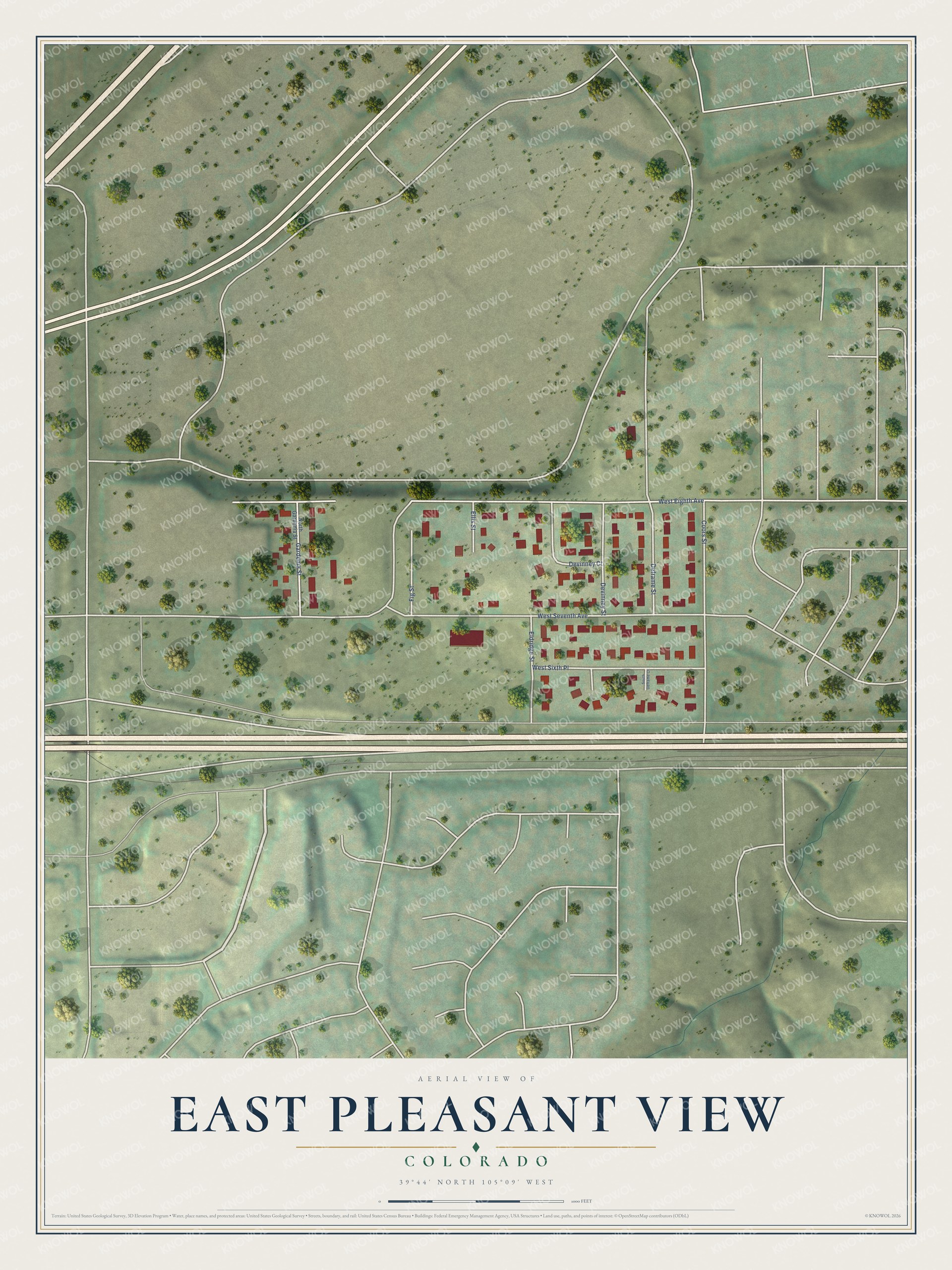 Full map of East Pleasant View, Colorado, with red buildings, printed street names and the land around them
