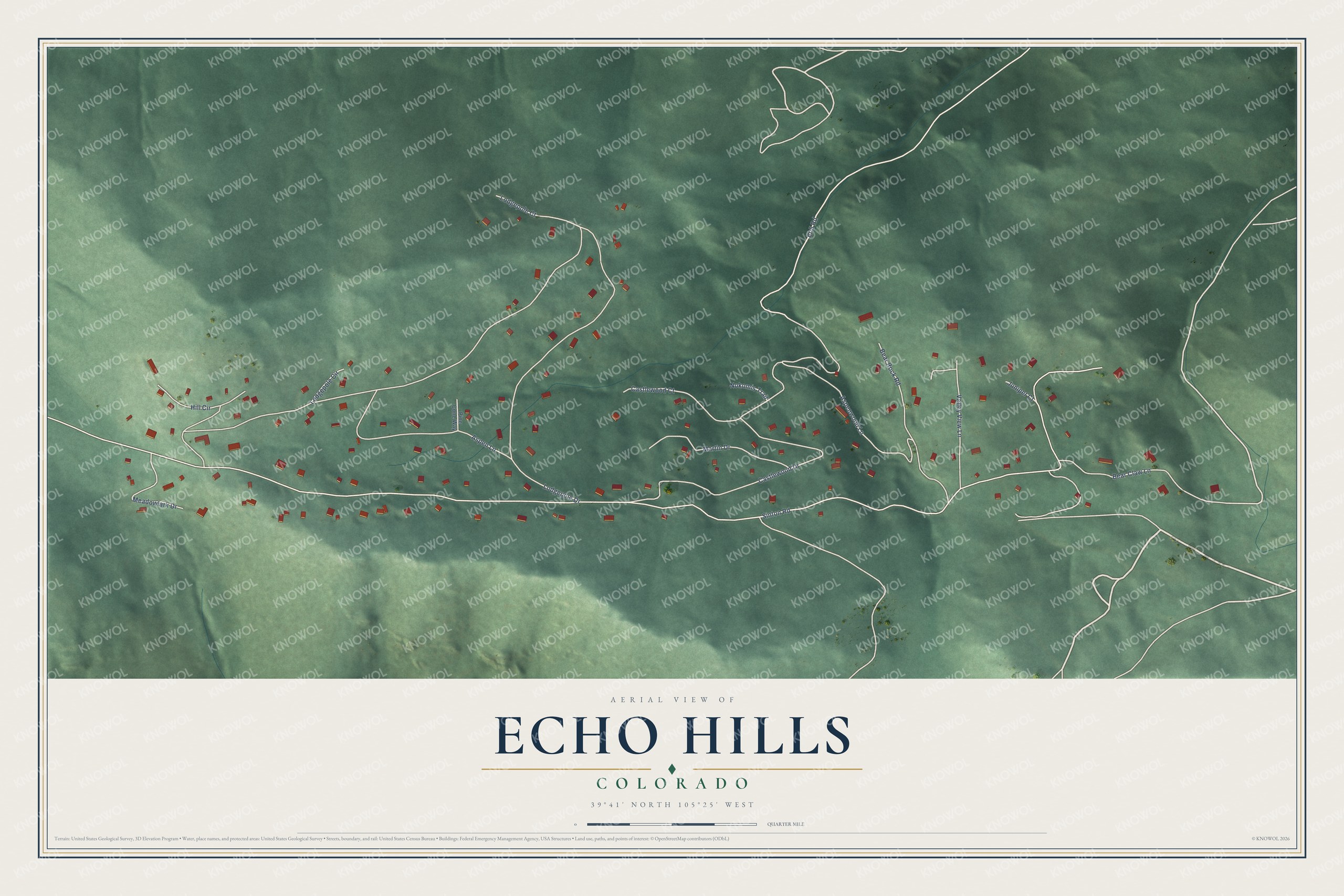 Full map of Echo Hills, Colorado, with red buildings, printed street names and the land around them