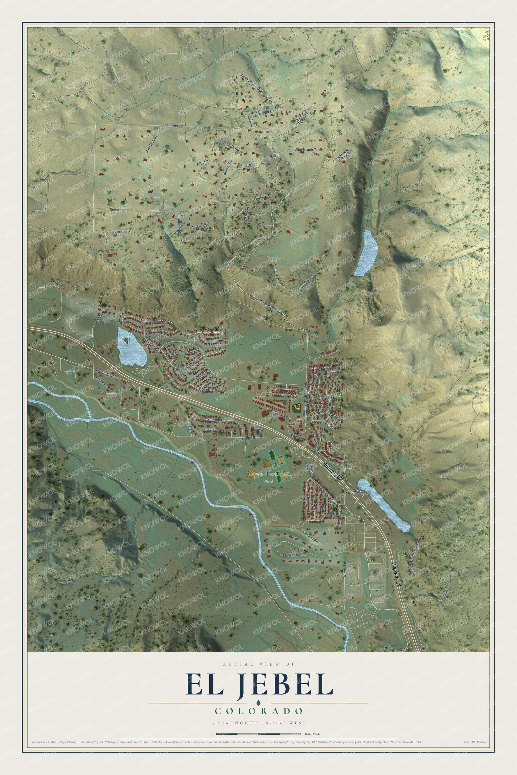 Full map of El Jebel, Colorado, with red buildings, printed street names and the land around them