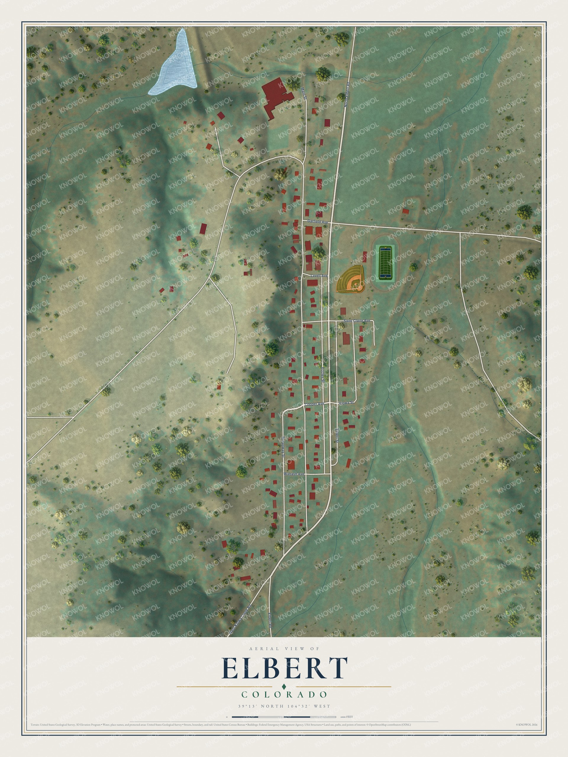 Full map of Elbert, Colorado, with red buildings, printed street names and the land around them