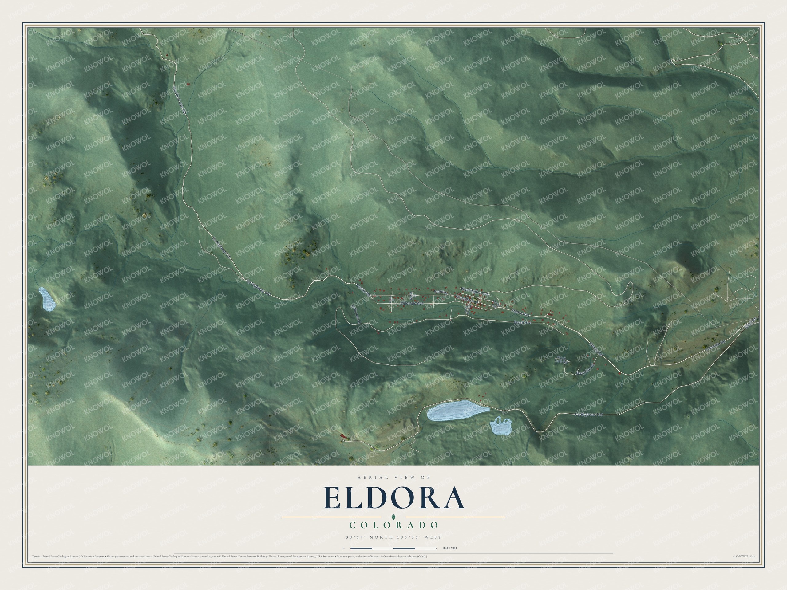 Full map of Eldora, Colorado, with red buildings, printed street names and the land around them