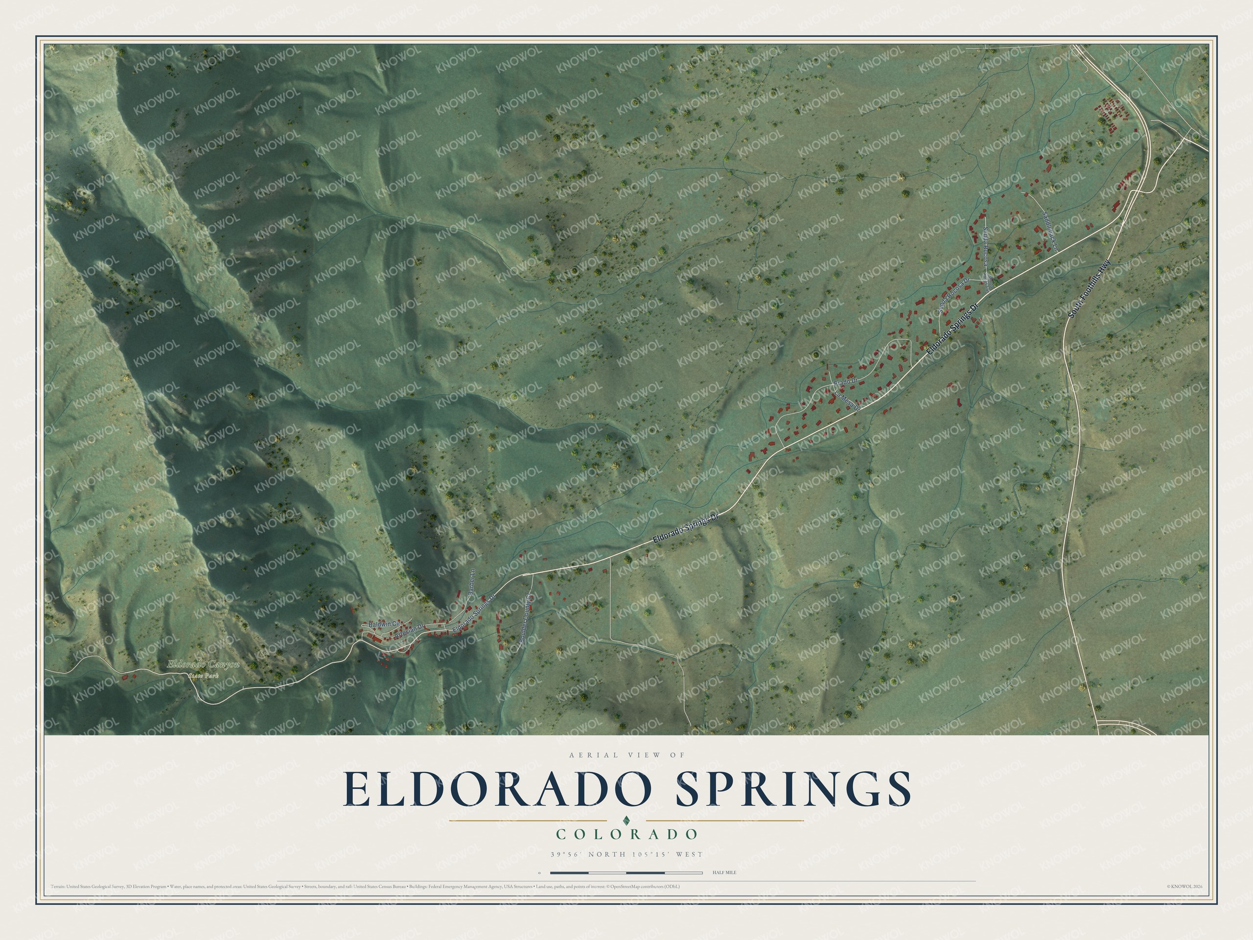 Full map of Eldorado Springs, Colorado, with red buildings, printed street names and the land around them