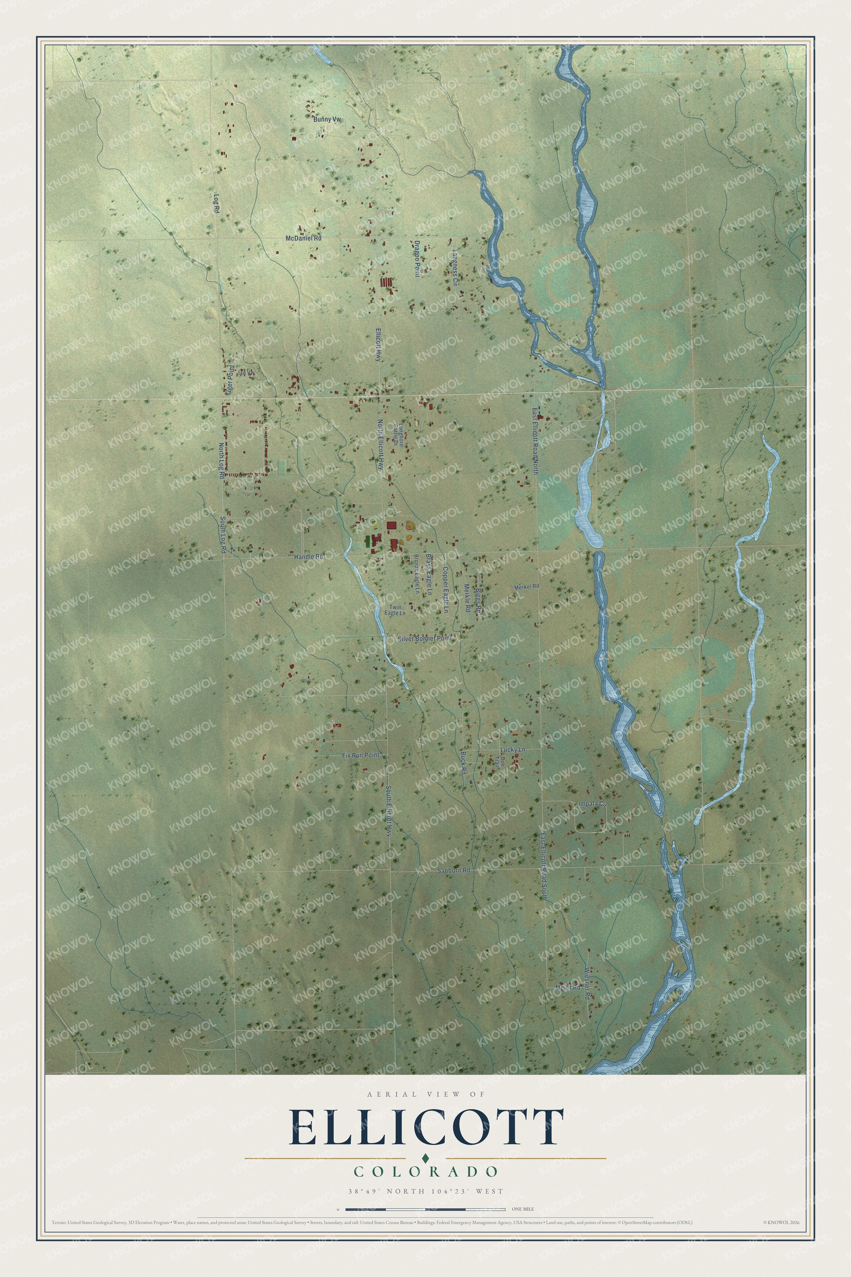 Full map of Ellicott, Colorado, with red buildings, printed street names and the land around them