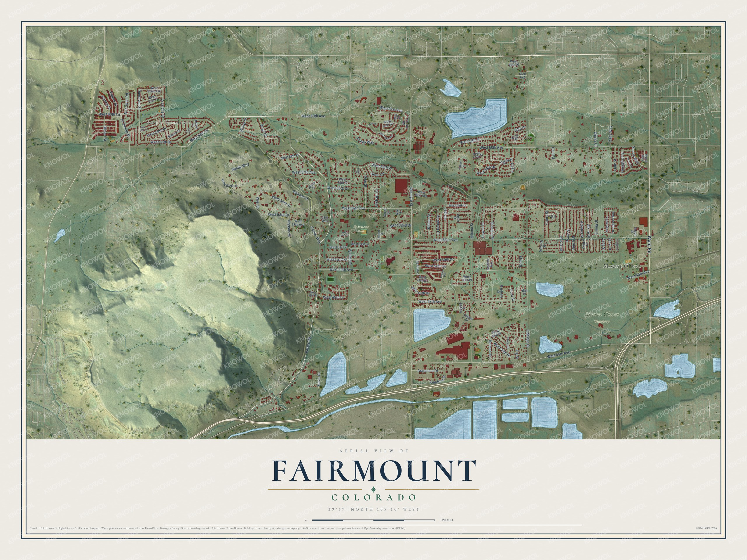 Full map of Fairmount, Colorado, with red buildings, printed street names and the land around them