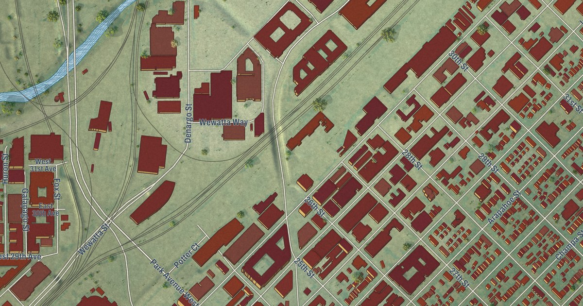 Close-up of streets and buildings in Five Points, Colorado