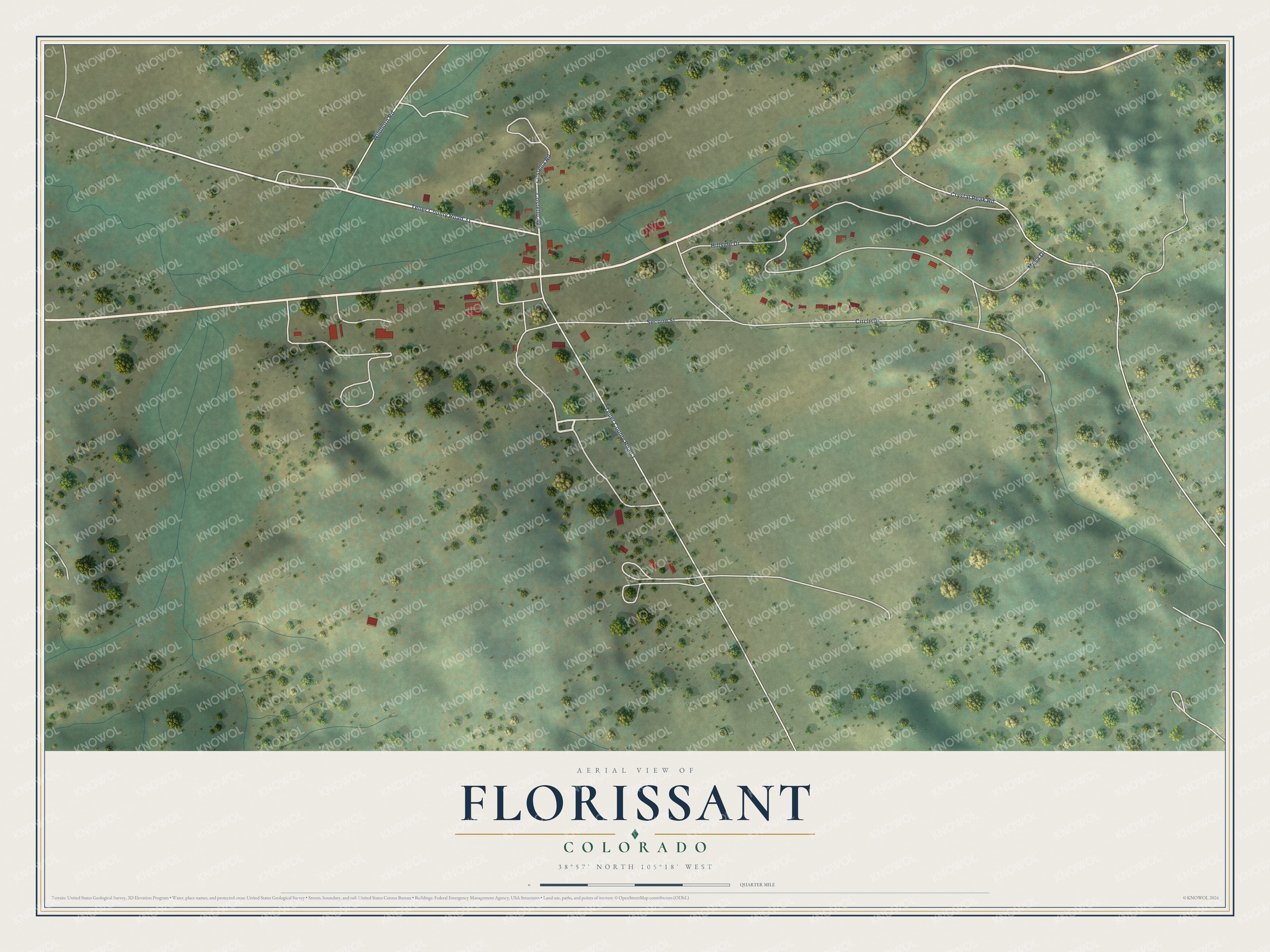 Full map of Florissant, Colorado, with red buildings, printed street names and the land around them