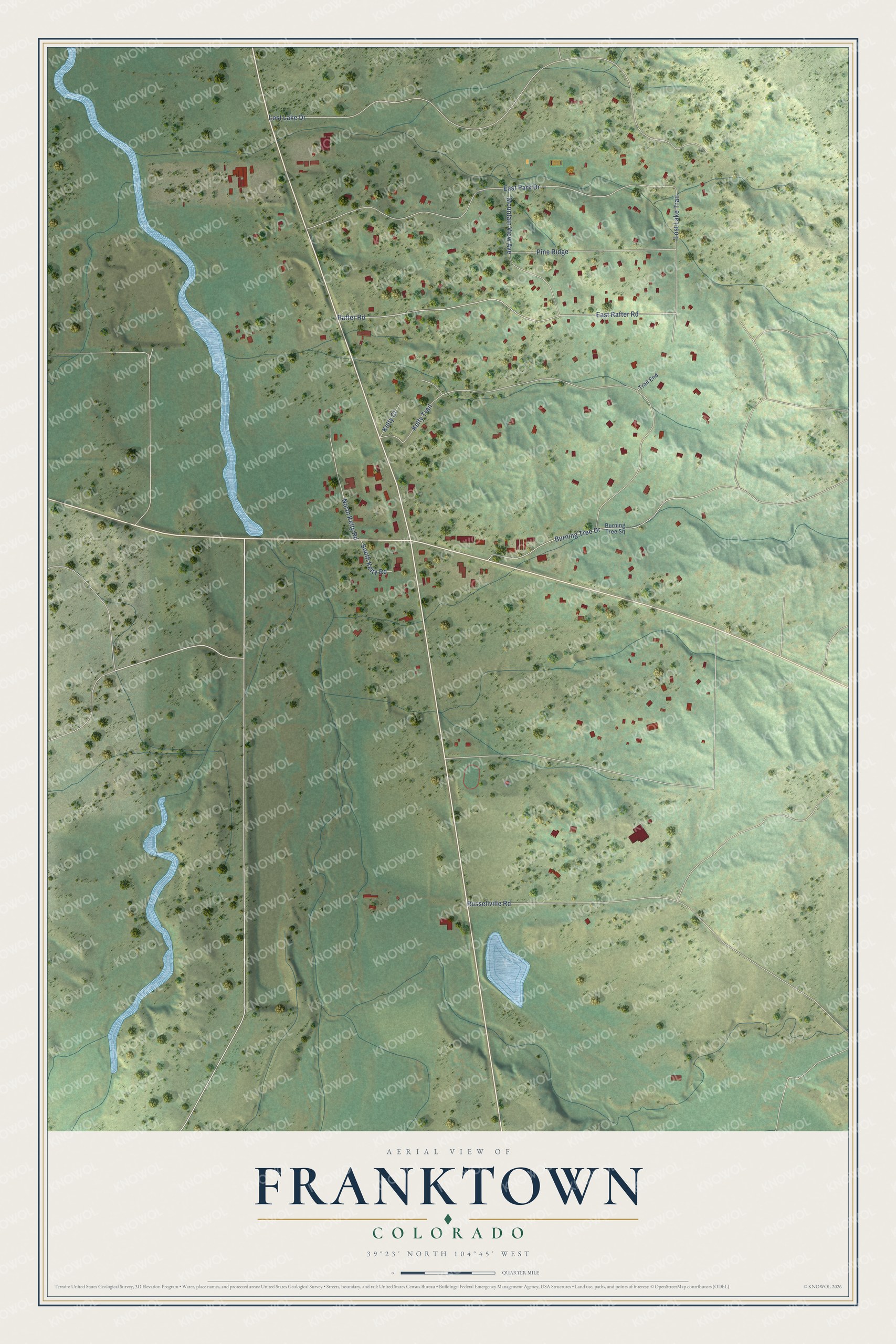 Full map of Franktown, Colorado, with red buildings, printed street names and the land around them