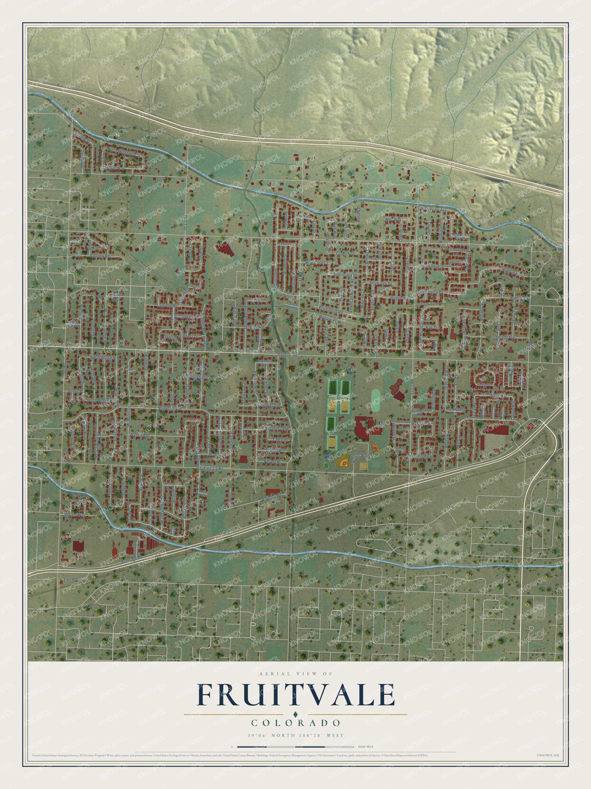 Full map of Fruitvale, Colorado, with red buildings, printed street names and the land around them