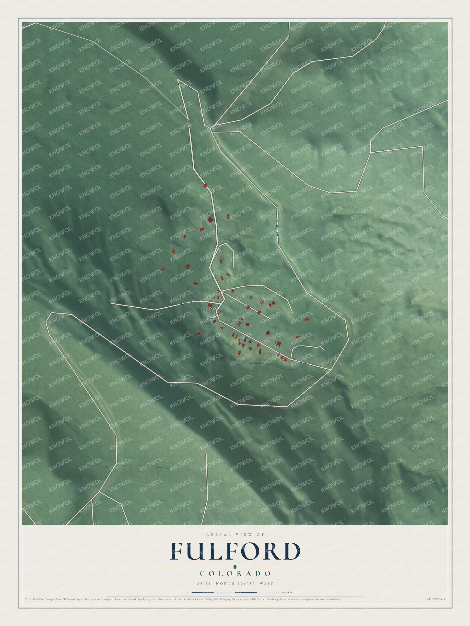 Full map of Fulford, Colorado, with red buildings, printed street names and the land around them