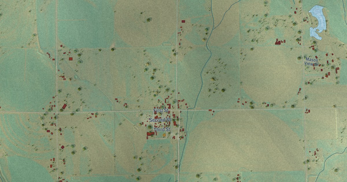 Close-up of streets and buildings in Galeton, Colorado