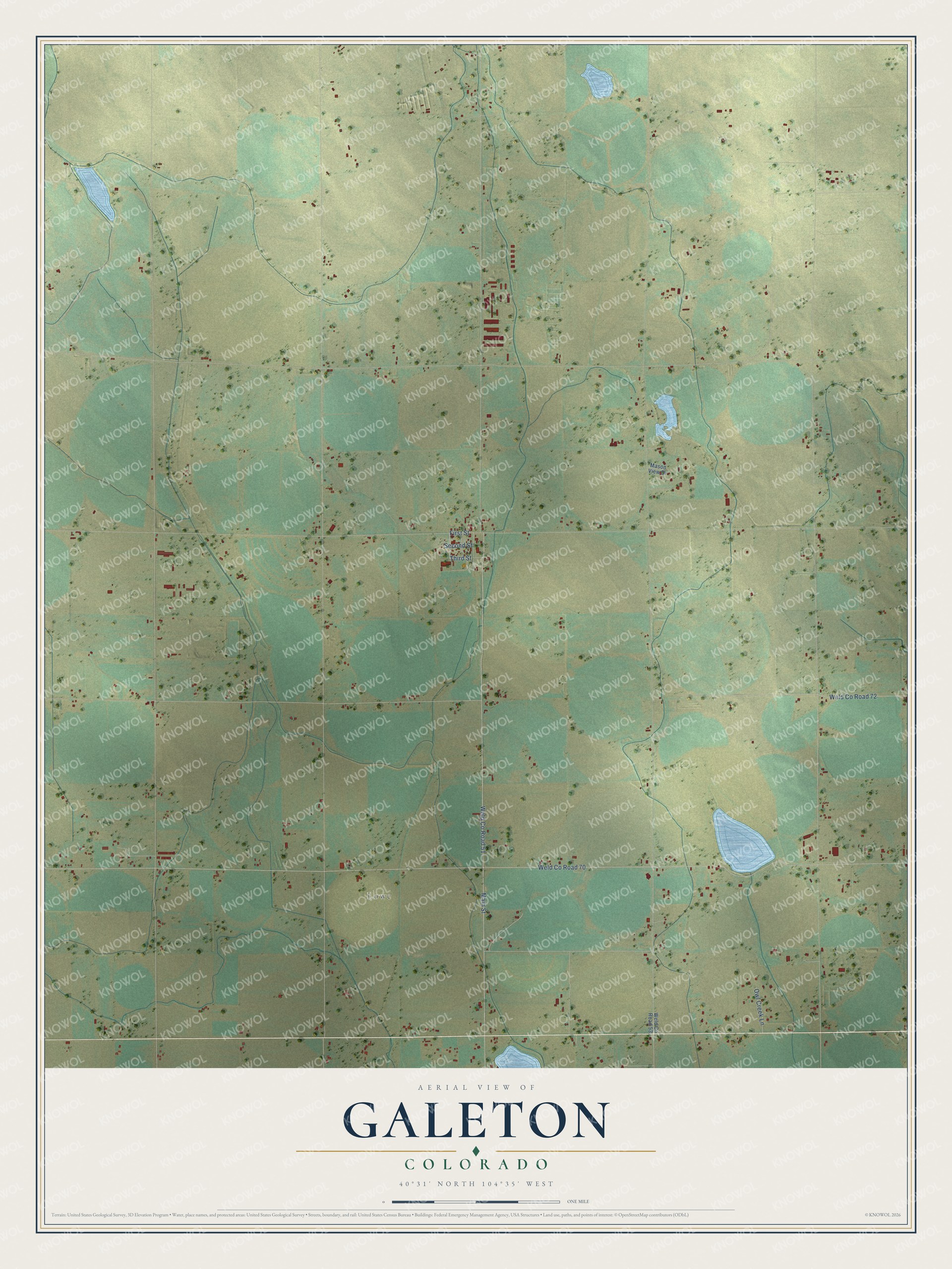 Full map of Galeton, Colorado, with red buildings, printed street names and the land around them