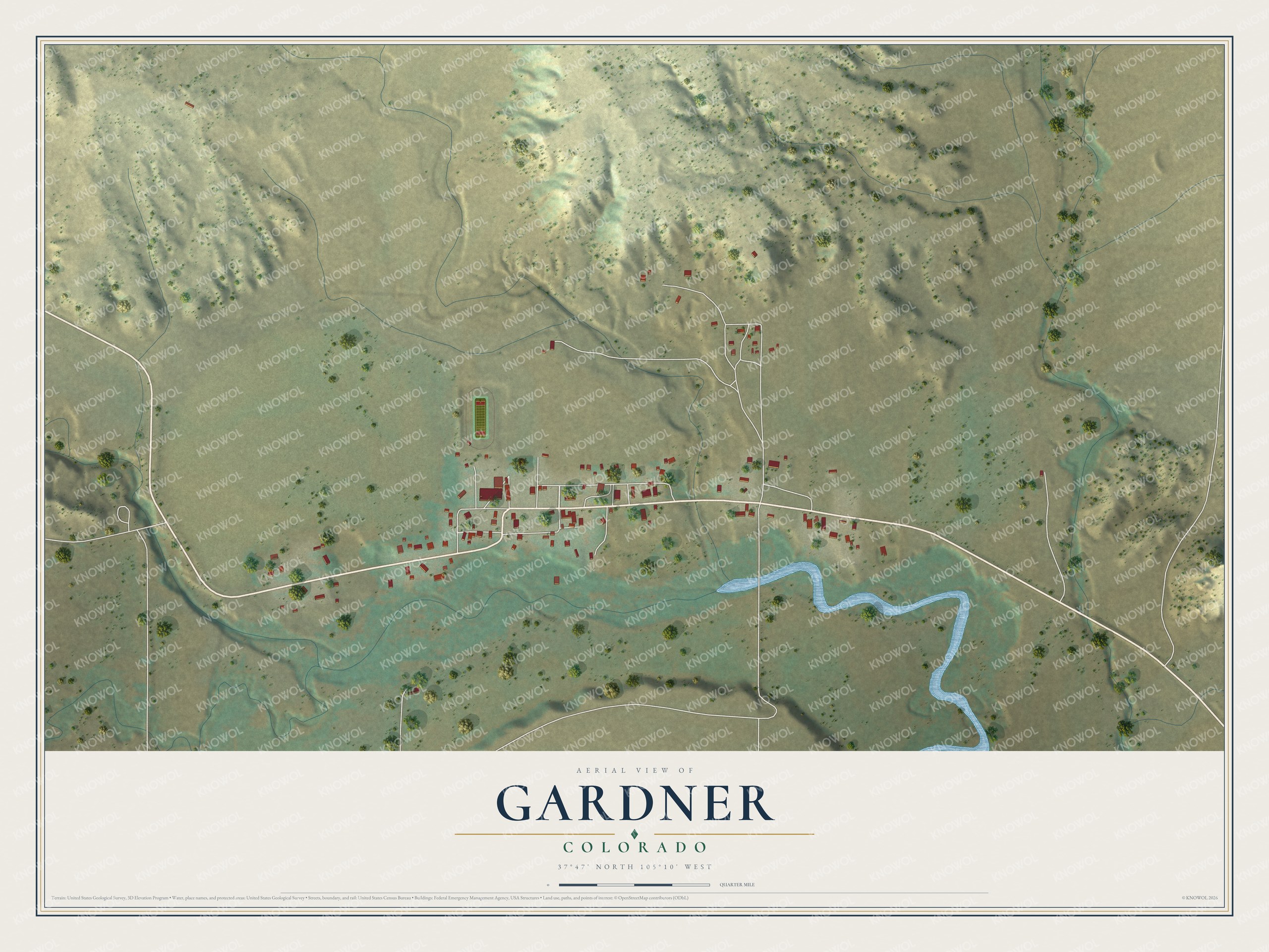 Full map of Gardner, Colorado, with red buildings, printed street names and the land around them