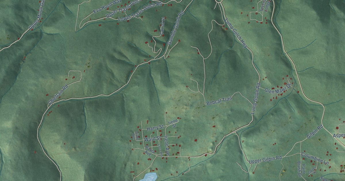 Close-up of streets and buildings in Gilpin, Colorado