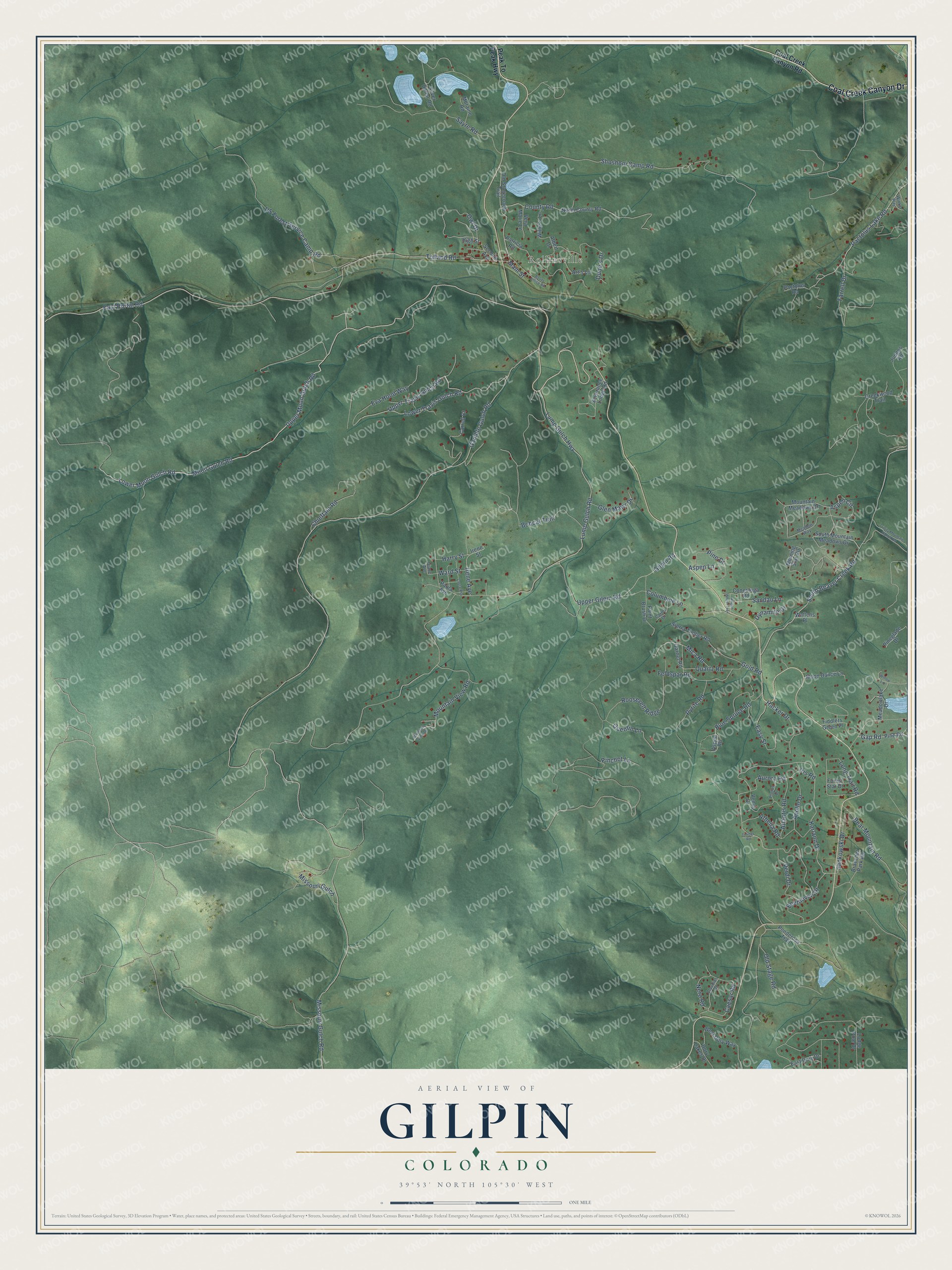 Full map of Gilpin, Colorado, with red buildings, printed street names and the land around them