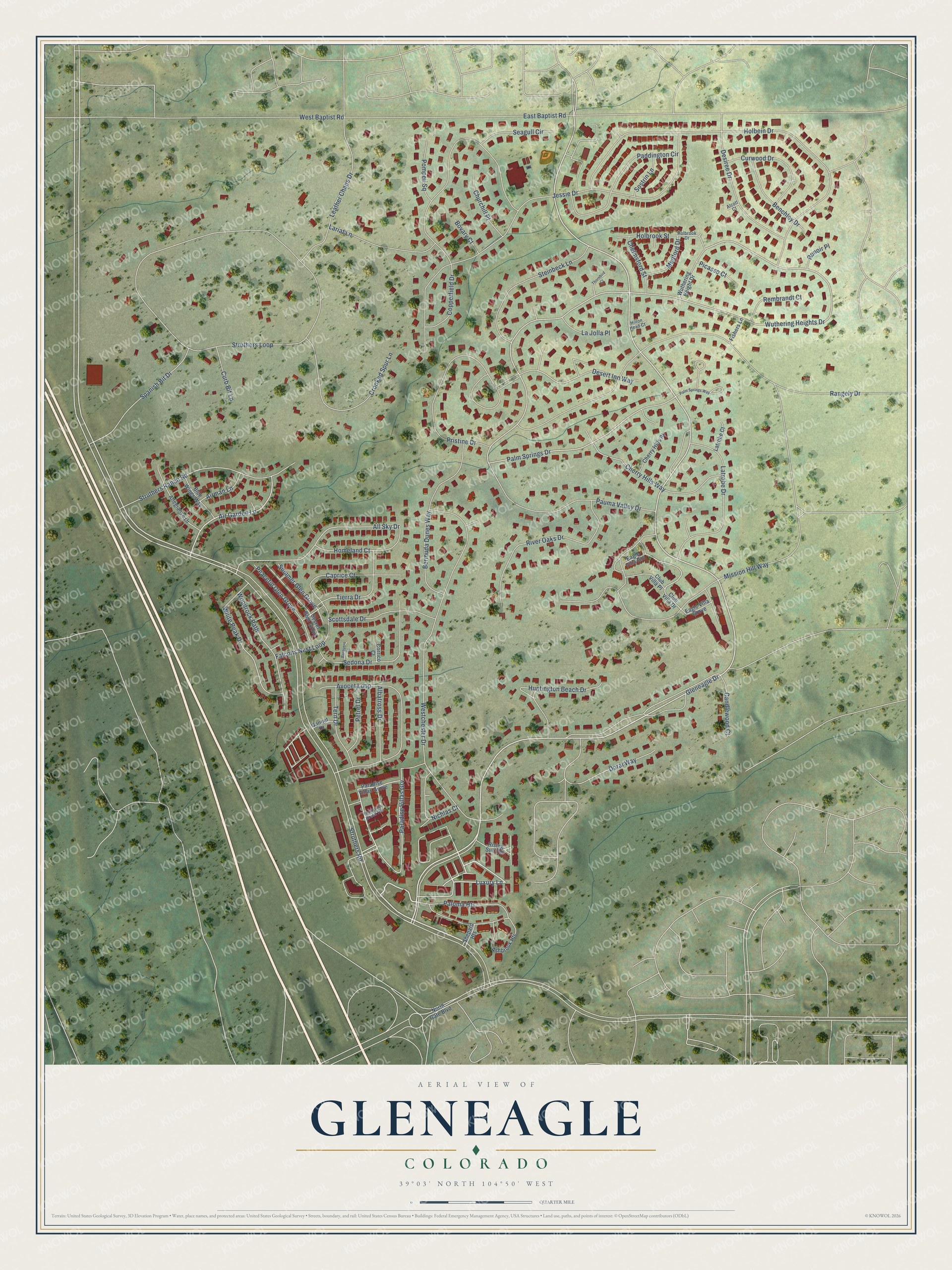 Full map of Gleneagle, Colorado, with red buildings, printed street names and the land around them