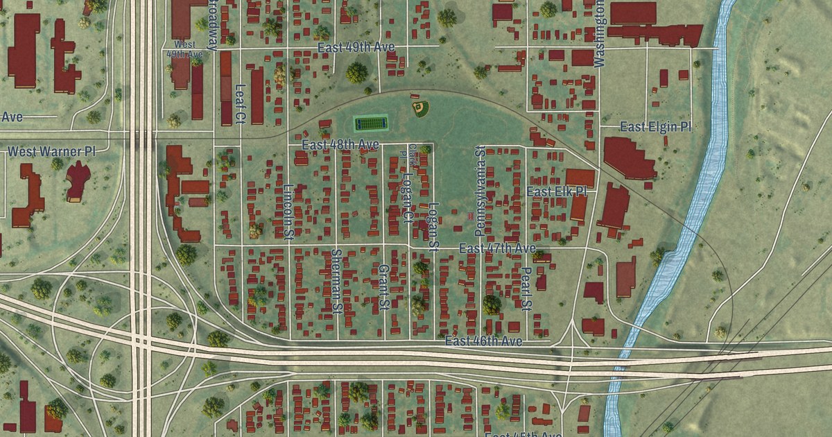 Close-up of streets and buildings in Globeville, Colorado