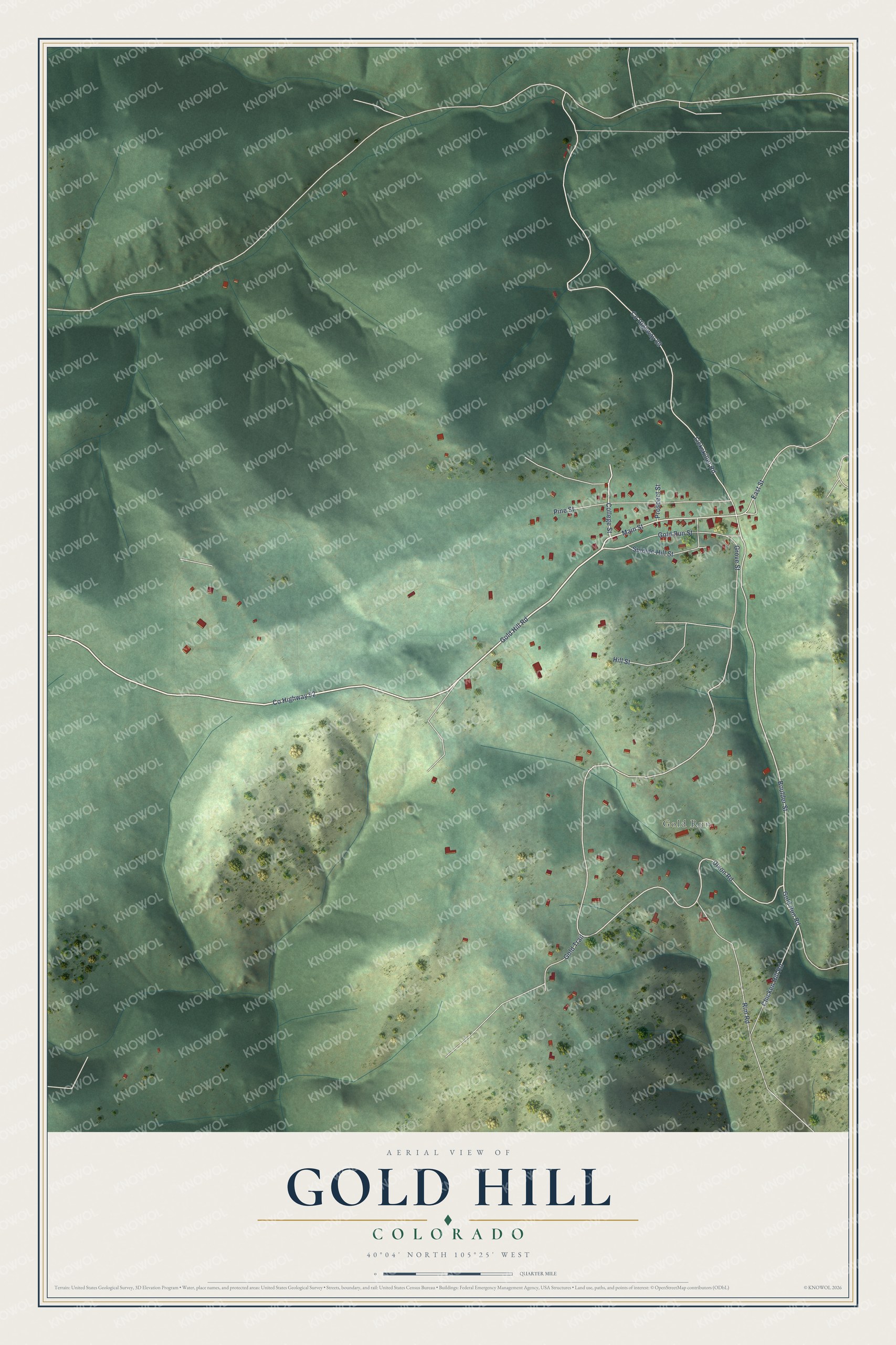 Full map of Gold Hill, Colorado, with red buildings, printed street names and the land around them
