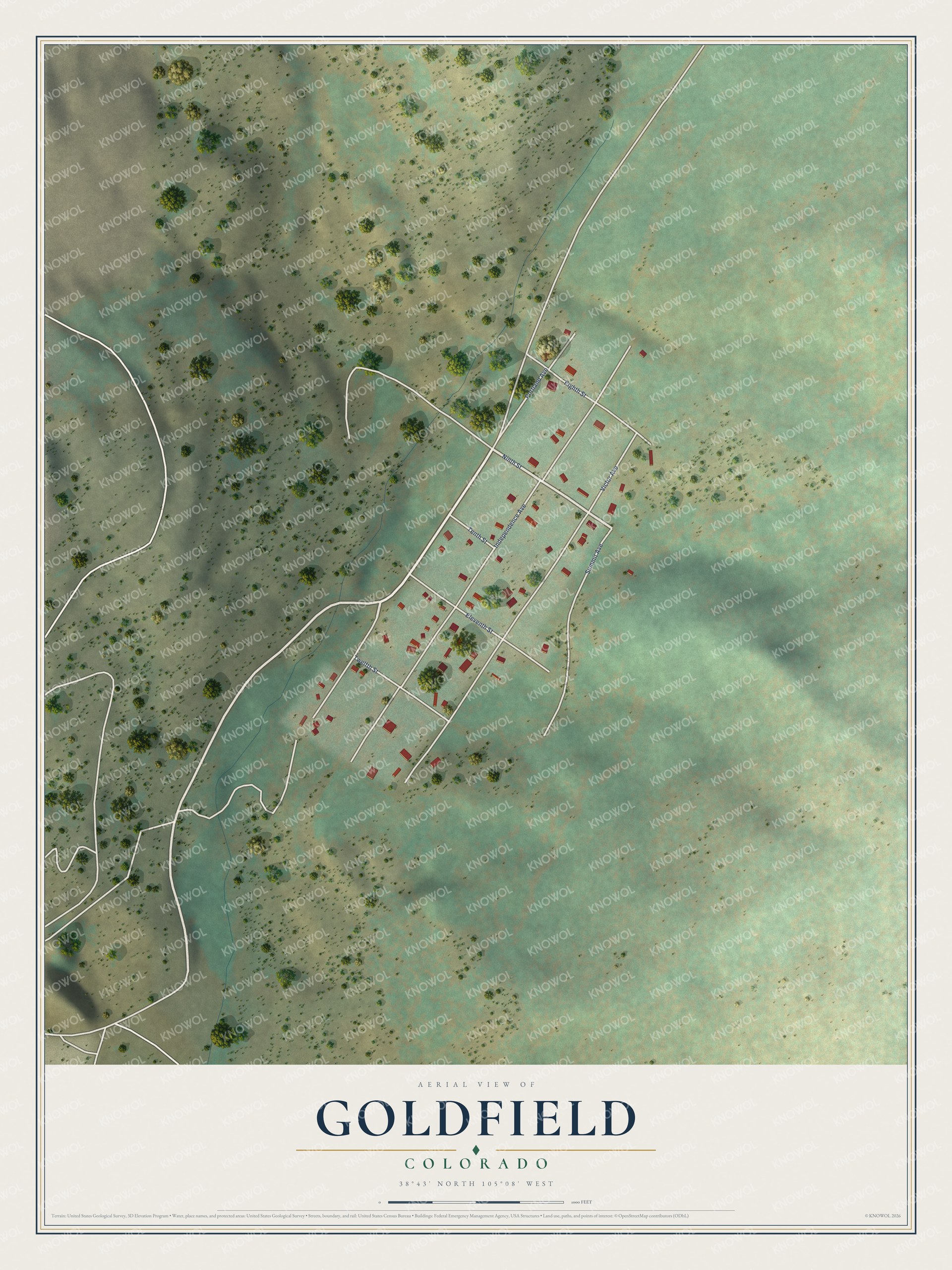 Full map of Goldfield, Colorado, with red buildings, printed street names and the land around them