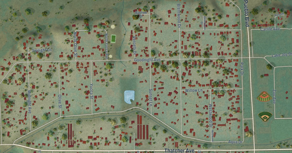 Close-up of streets and buildings in Goodnight, Colorado