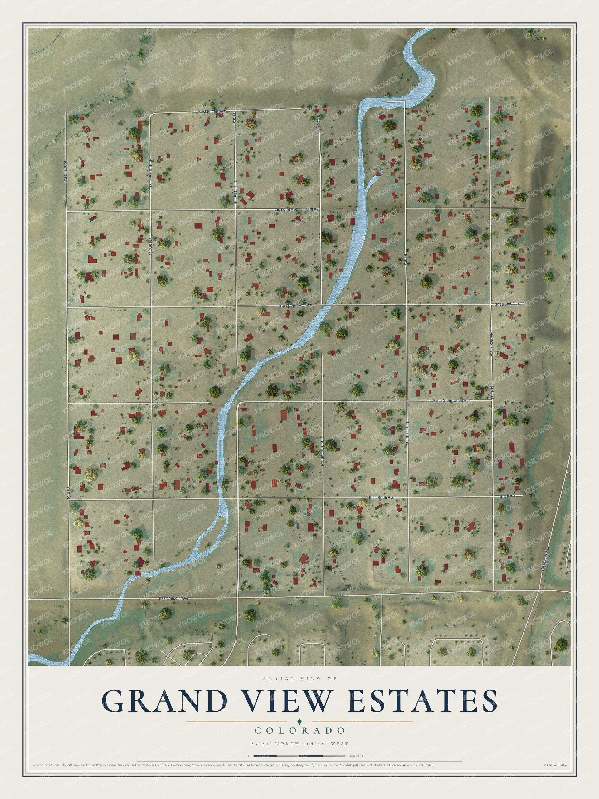 Full map of Grand View Estates, Colorado, with red buildings, printed street names and the land around them