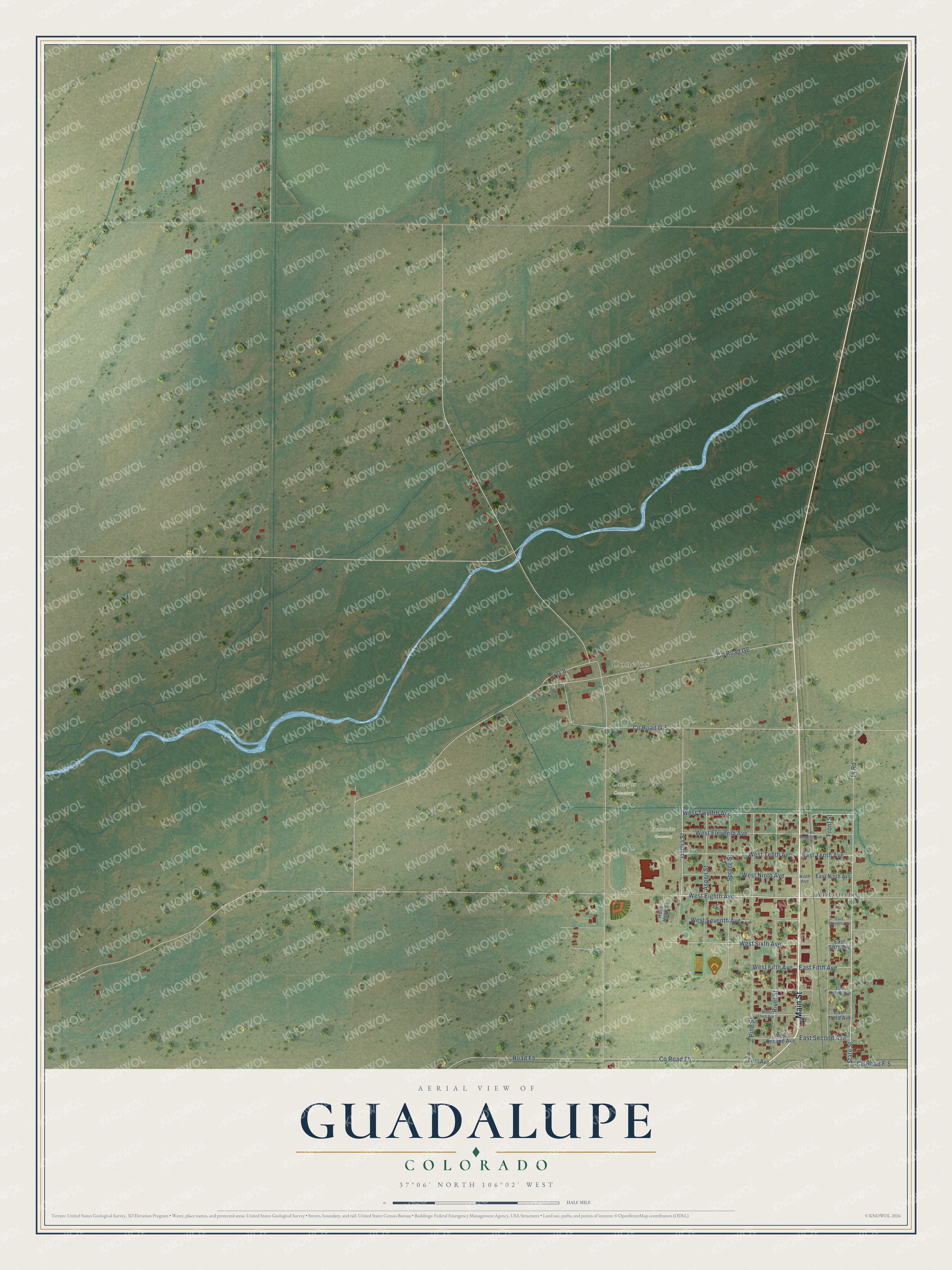 Full map of Guadalupe, Colorado, with red buildings, printed street names and the land around them
