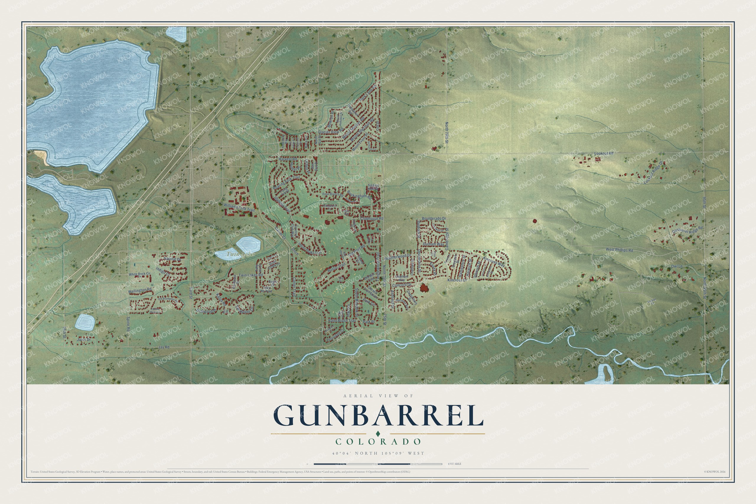 Full map of Gunbarrel, Colorado, with red buildings, printed street names and the land around them