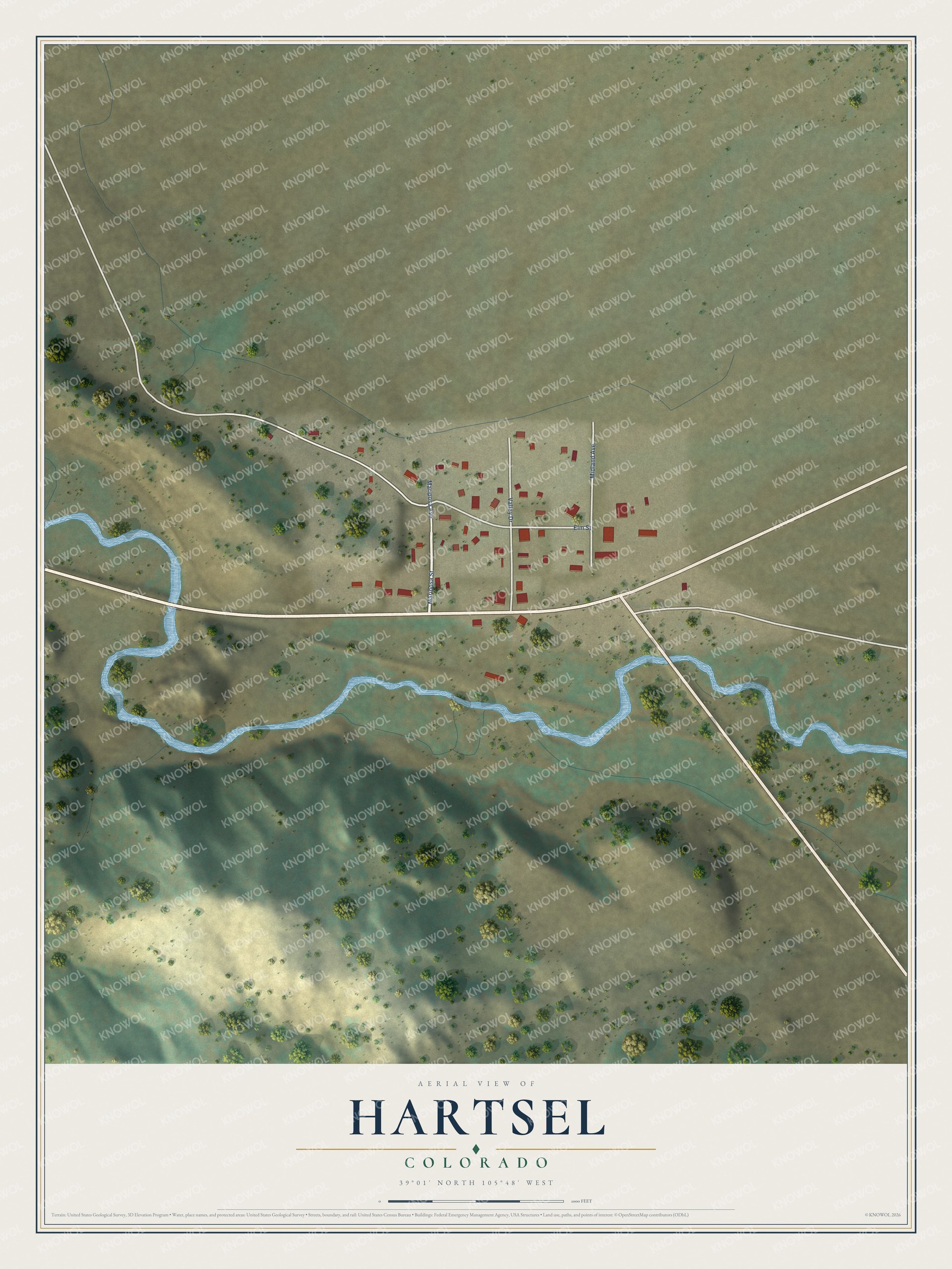 Full map of Hartsel, Colorado, with red buildings, printed street names and the land around them