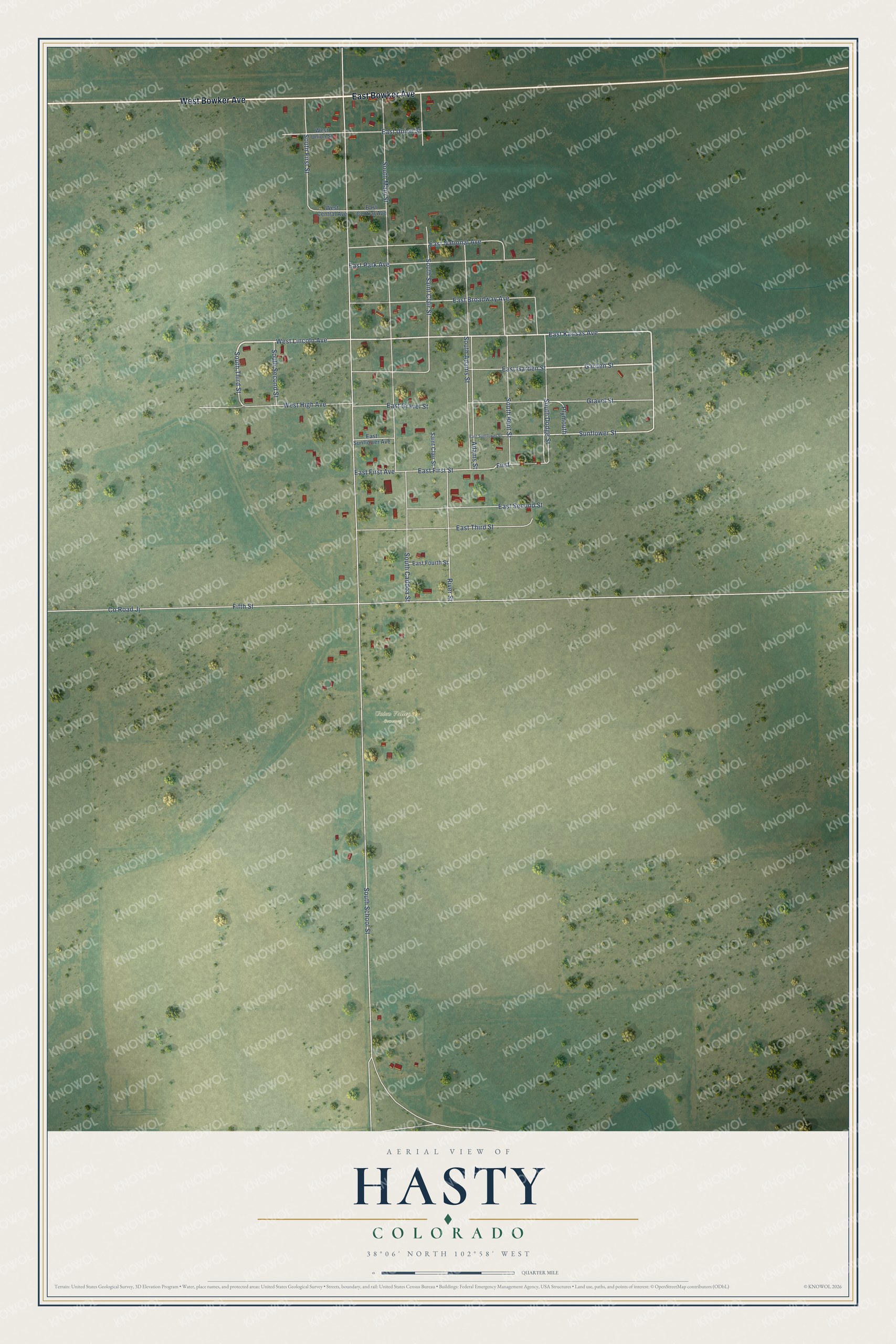 Full map of Hasty, Colorado, with red buildings, printed street names and the land around them