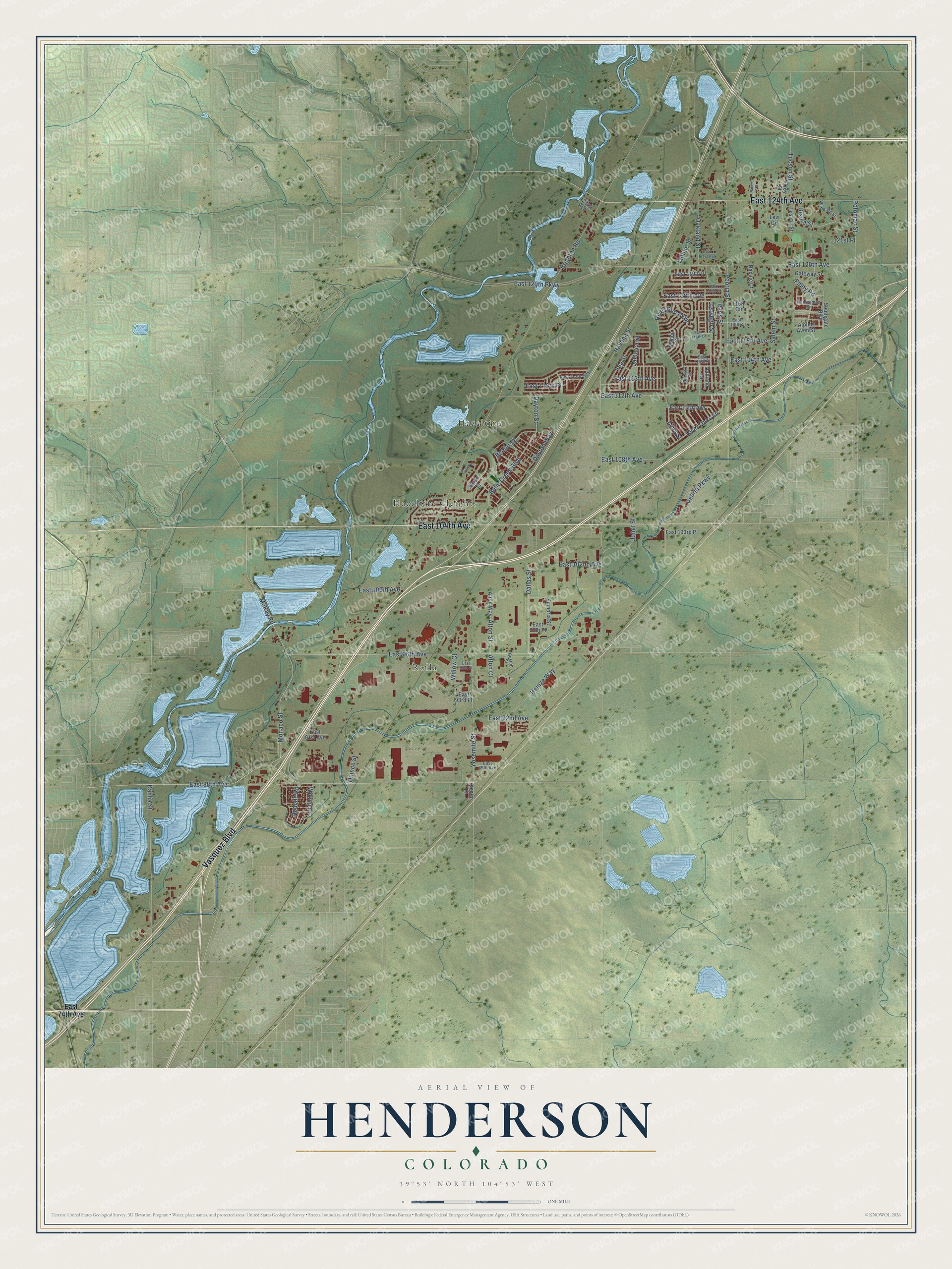 Full map of Henderson, Colorado, with red buildings, printed street names and the land around them