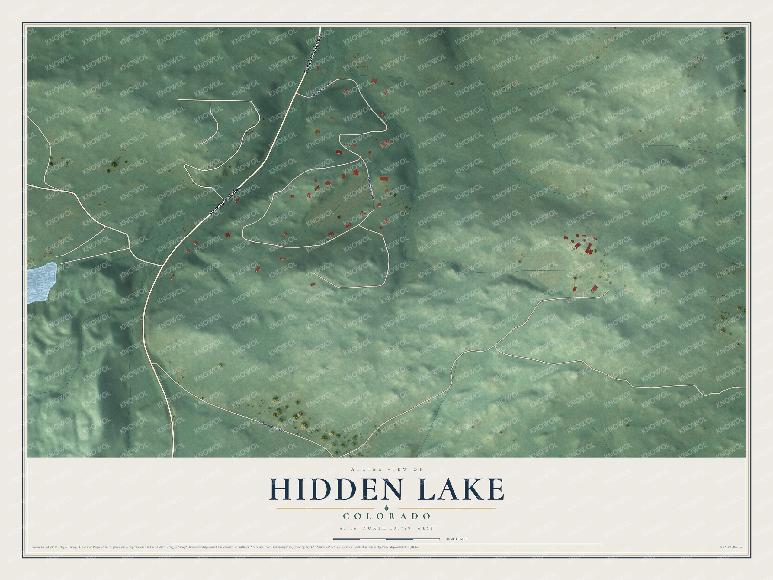 Full map of Hidden Lake, Colorado, with red buildings, printed street names and the land around them