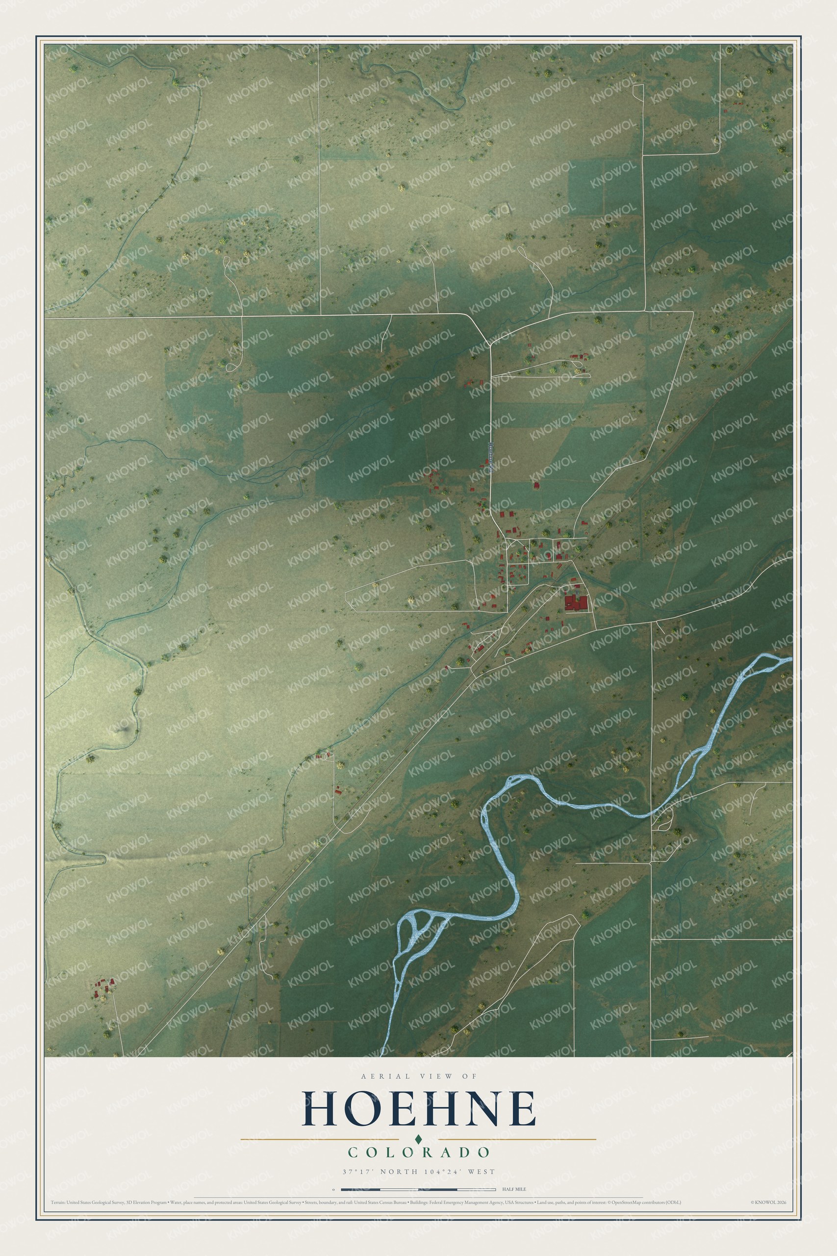 Full map of Hoehne, Colorado, with red buildings, printed street names and the land around them