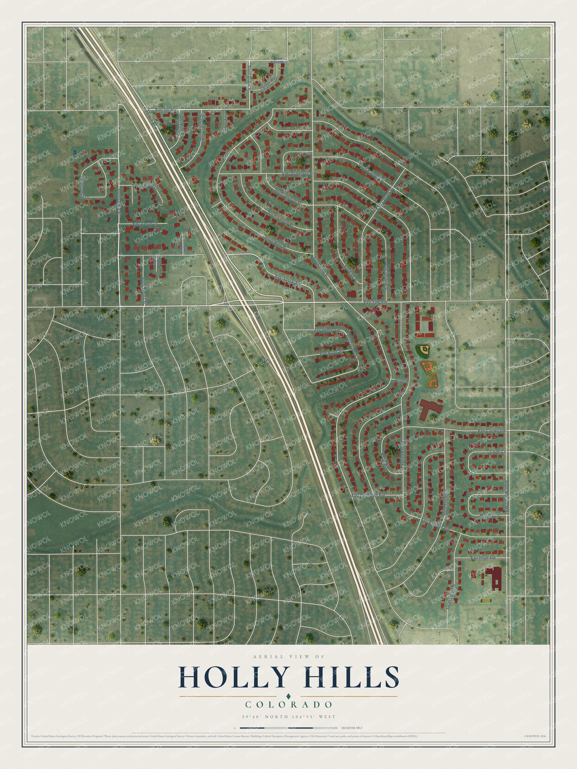 Full map of Holly Hills, Colorado, with red buildings, printed street names and the land around them