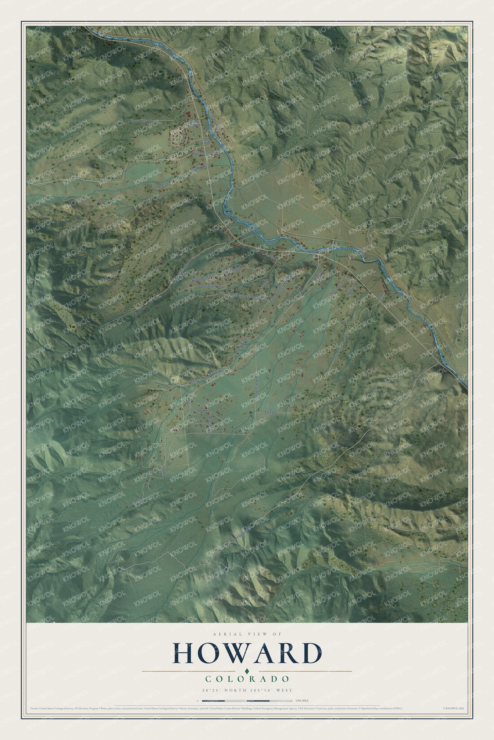 Full map of Howard, Colorado, with red buildings, printed street names and the land around them