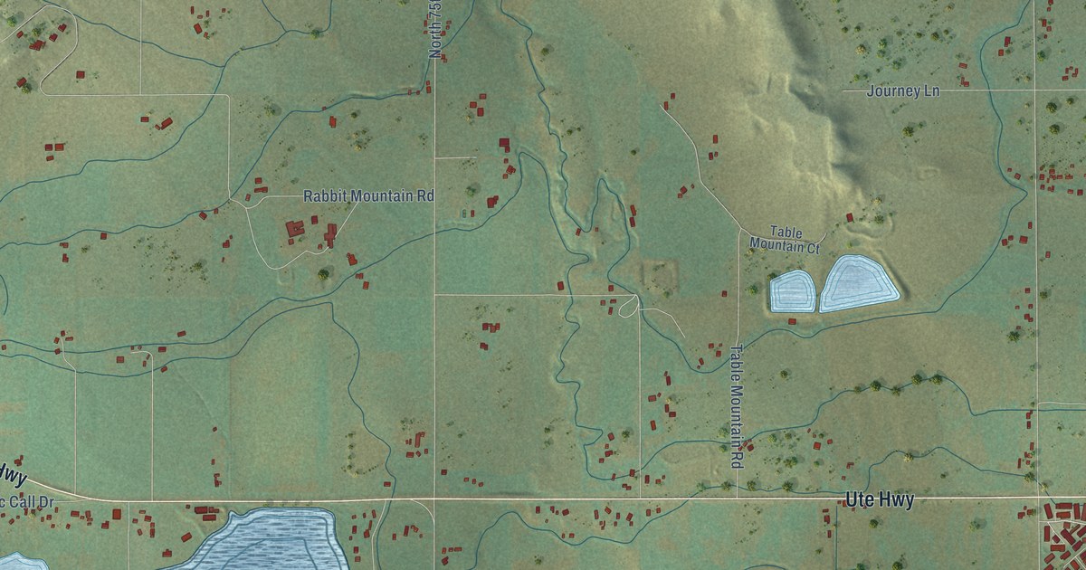 Close-up of streets and buildings in Hygiene, Colorado