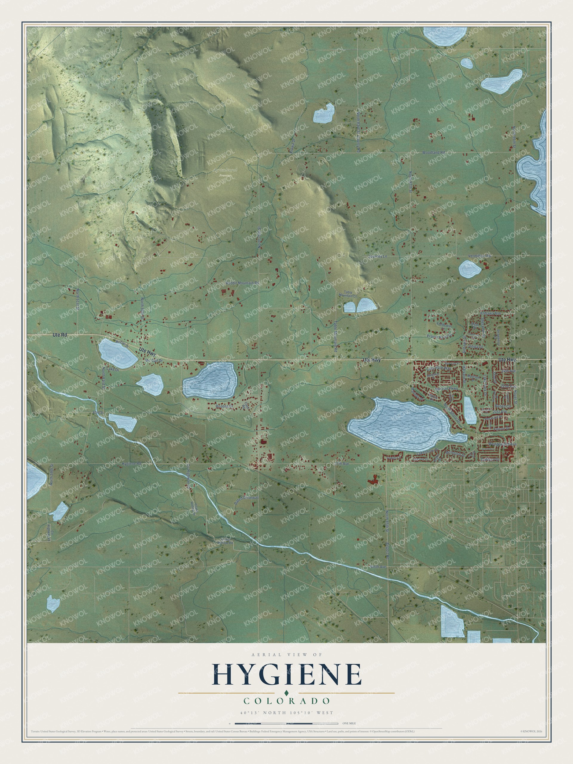 Full map of Hygiene, Colorado, with red buildings, printed street names and the land around them