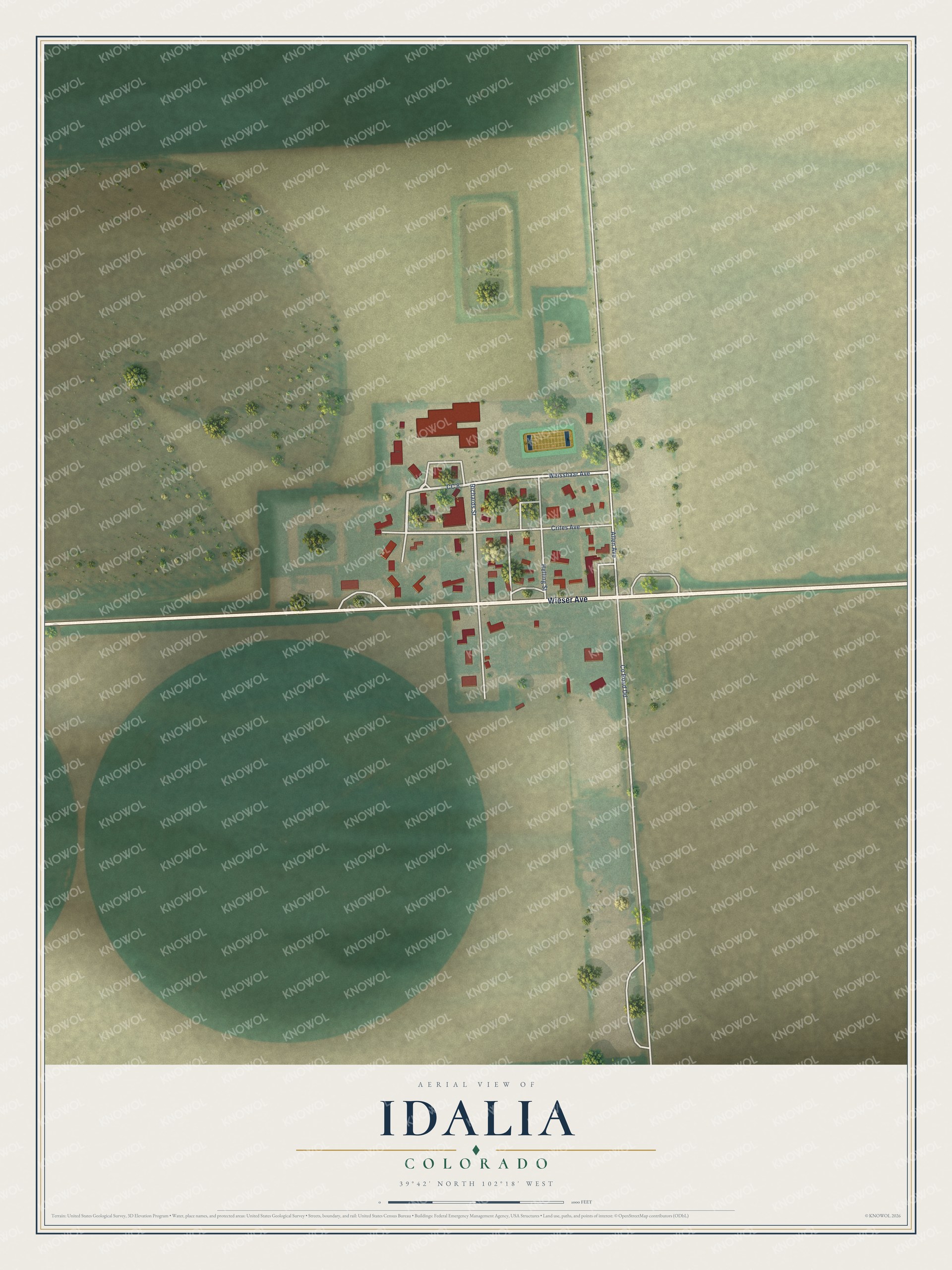 Full map of Idalia, Colorado, with red buildings, printed street names and the land around them