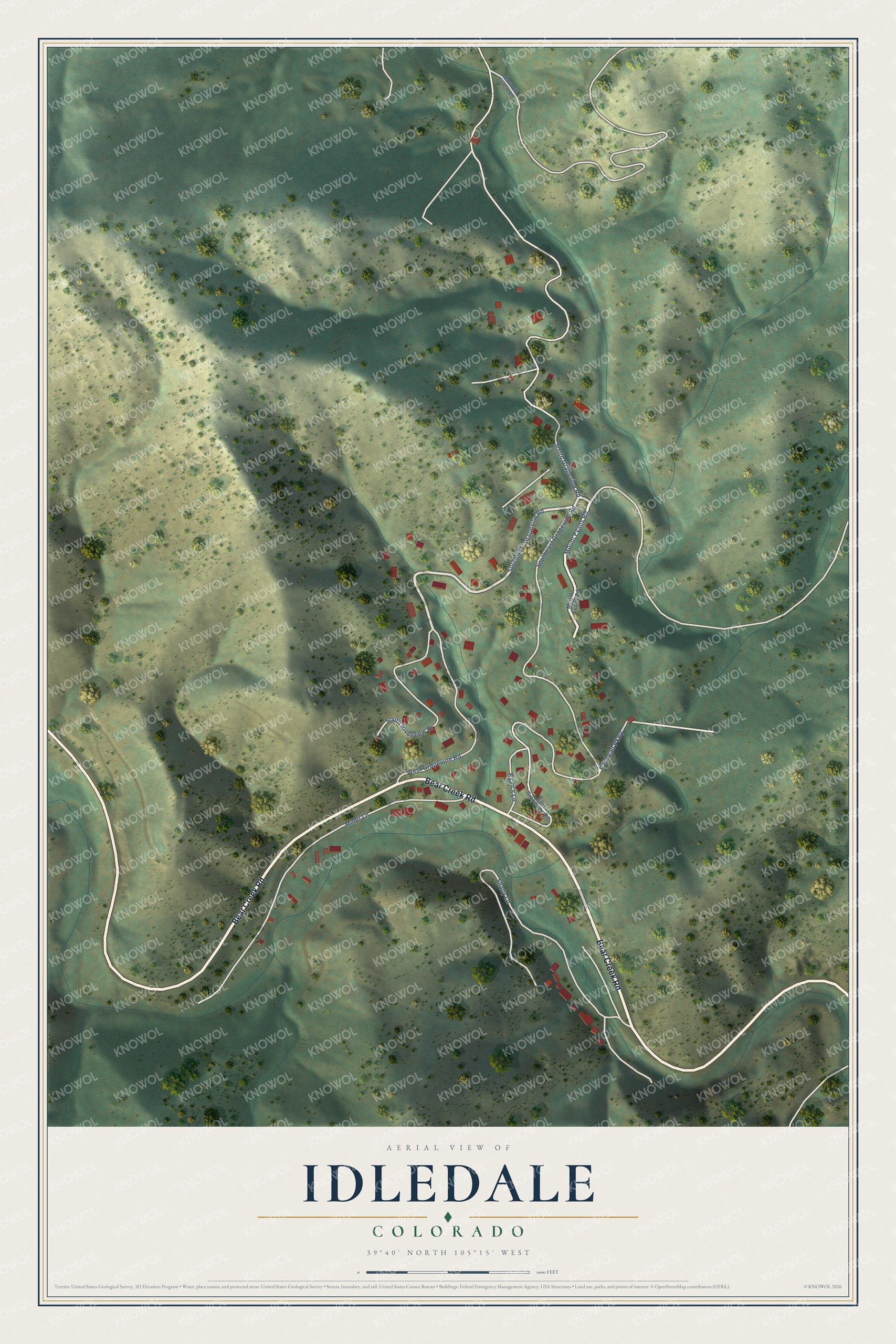 Full map of Idledale, Colorado, with red buildings, printed street names and the land around them