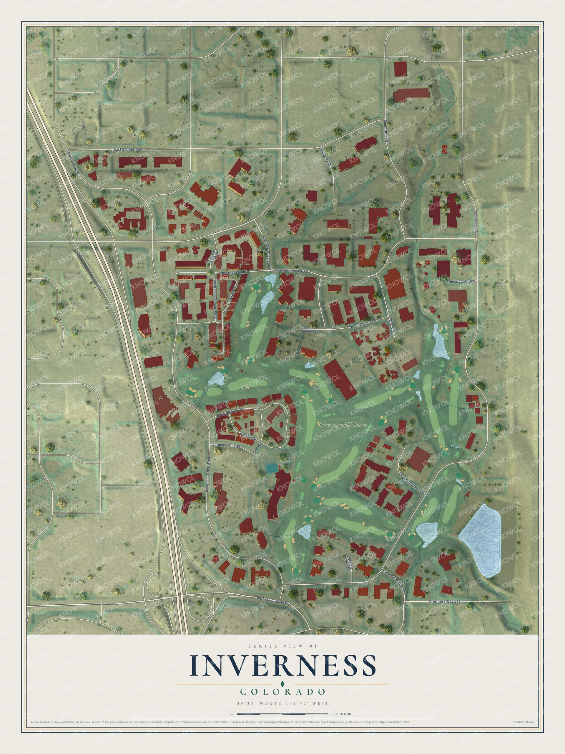 Full map of Inverness, Colorado, with red buildings, printed street names and the land around them
