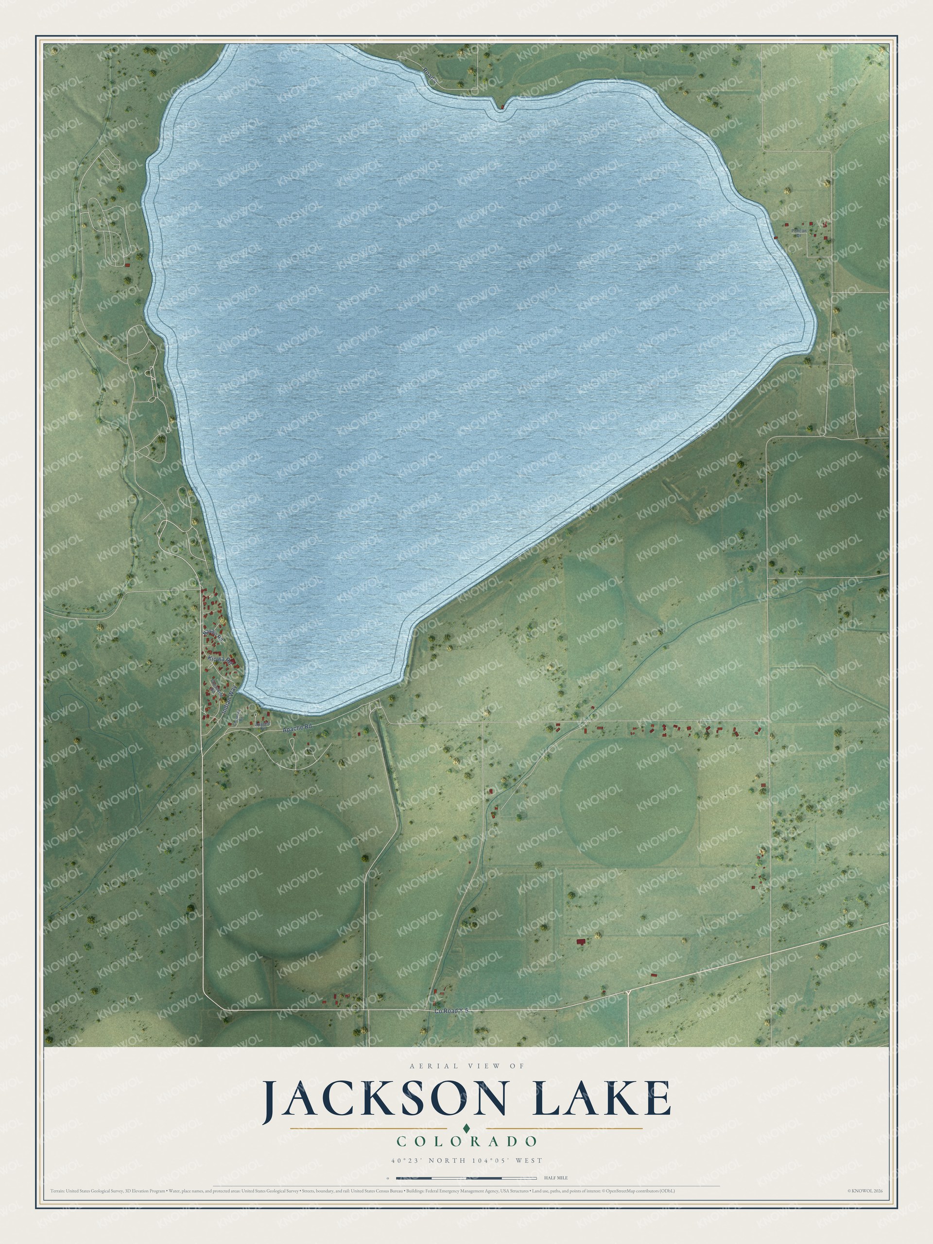 Full map of Jackson Lake, Colorado, with red buildings, printed street names and the land around them
