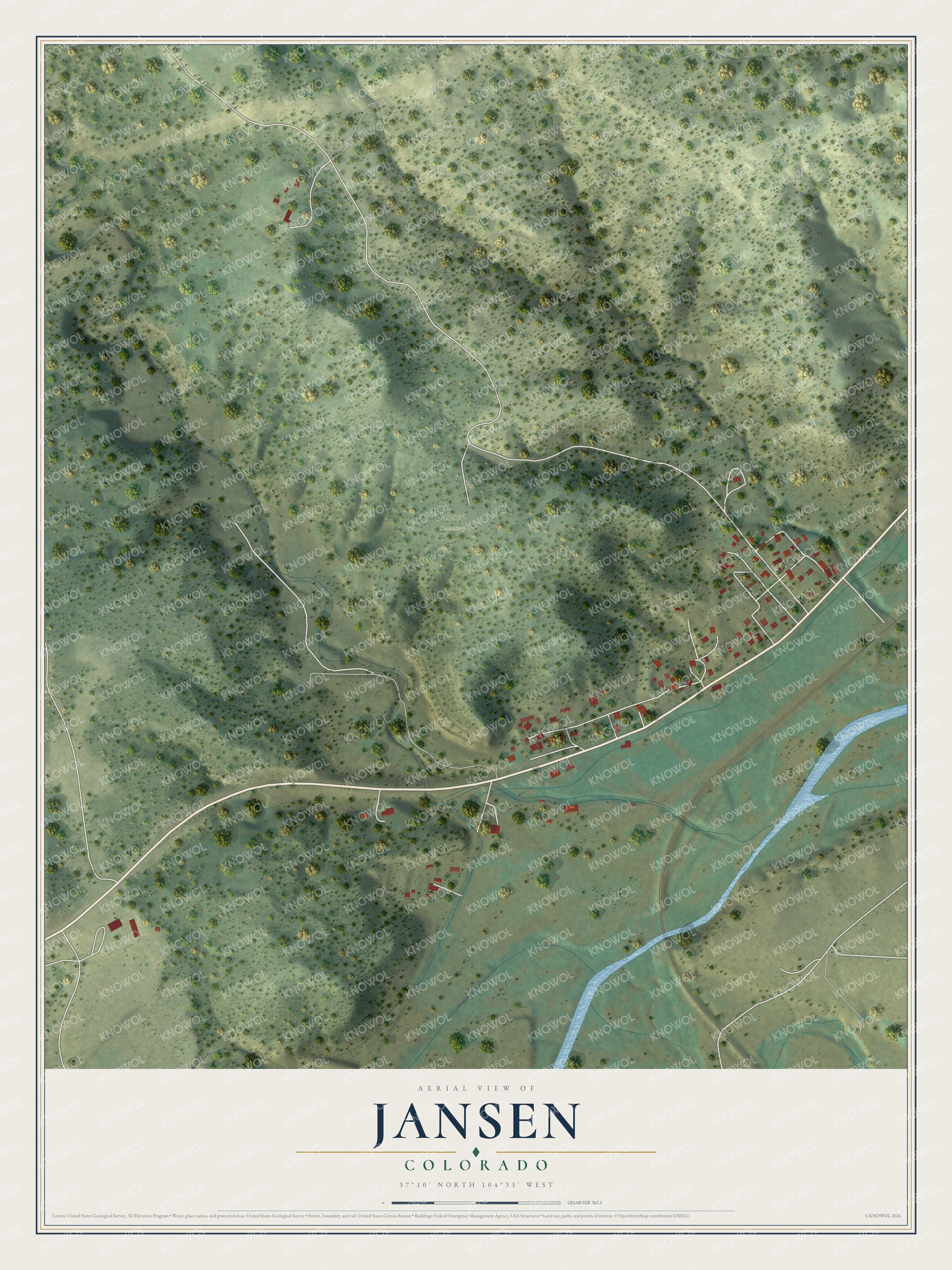 Full map of Jansen, Colorado, with red buildings, printed street names and the land around them