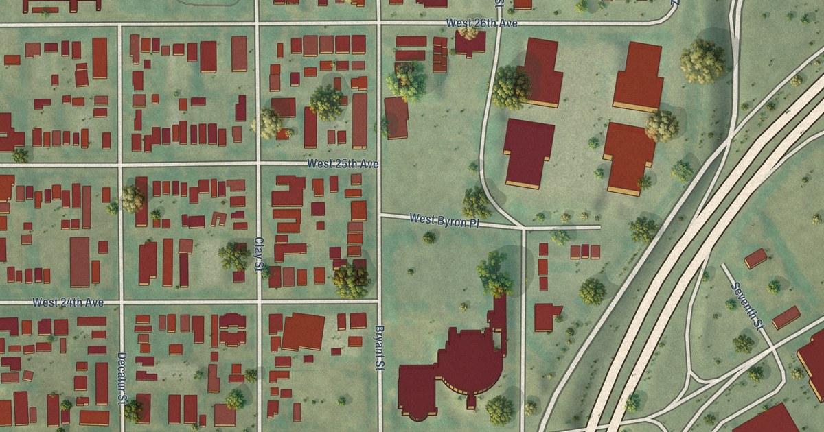 Close-up of streets and buildings in Jefferson Park, Colorado