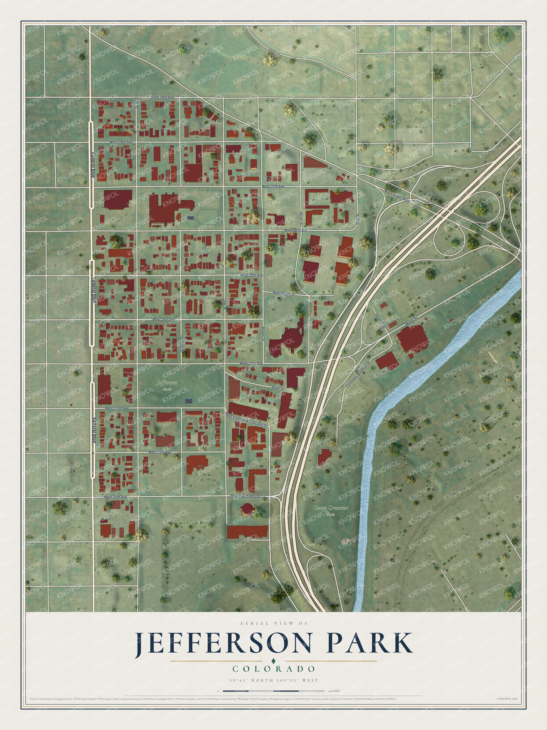 Full map of Jefferson Park, Colorado, with red buildings, printed street names and the land around them