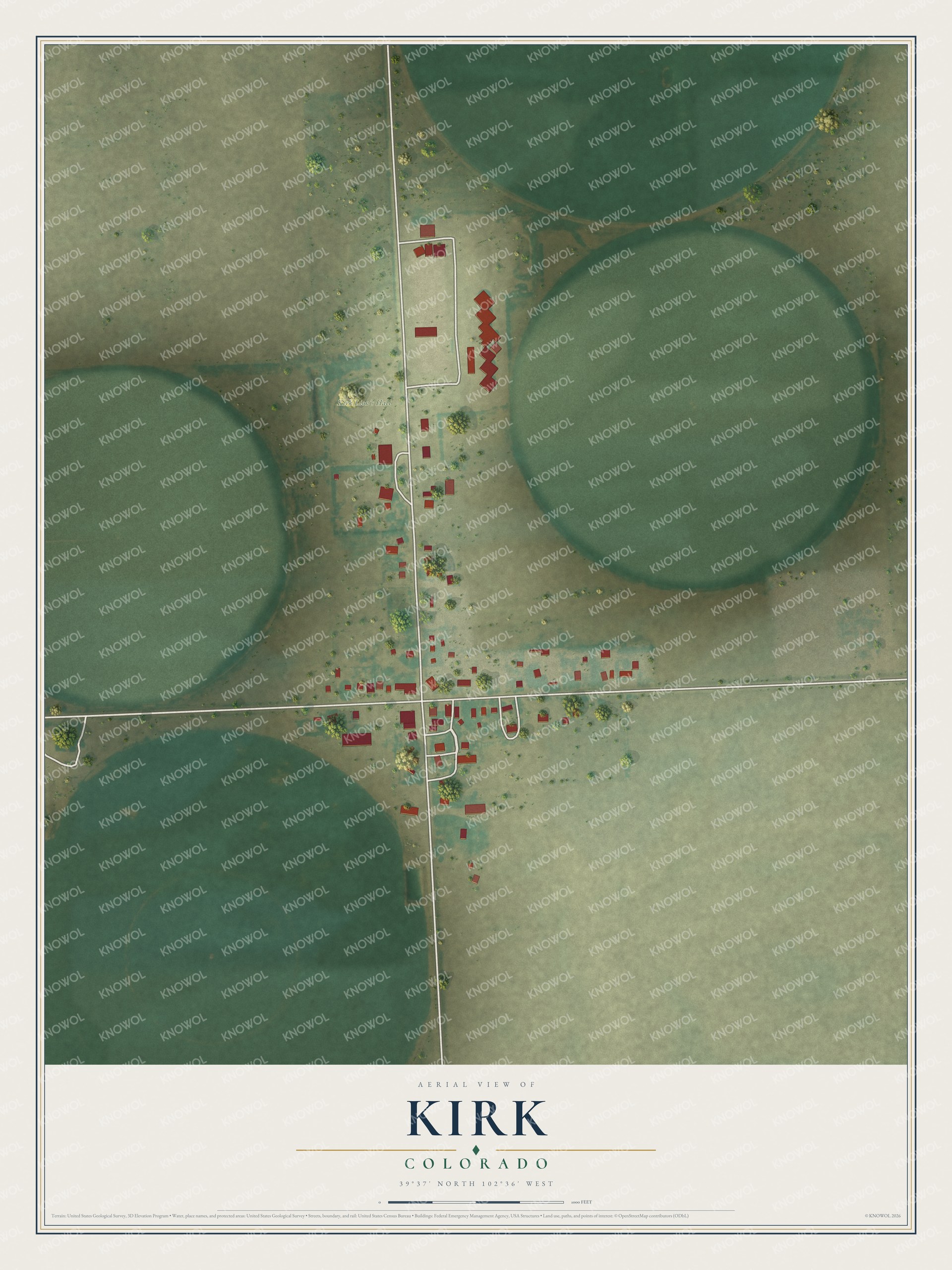 Full map of Kirk, Colorado, with red buildings, printed street names and the land around them