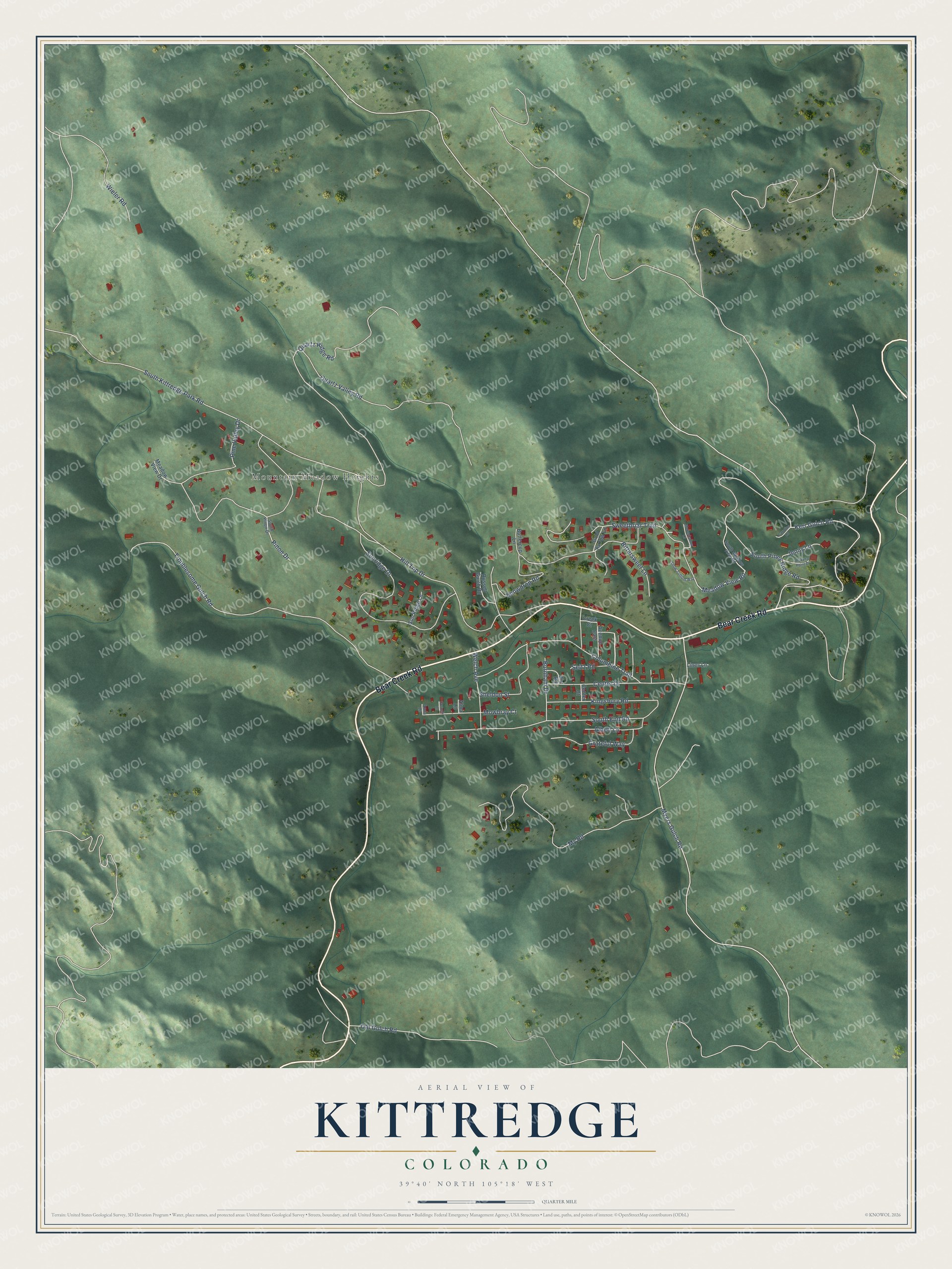 Full map of Kittredge, Colorado, with red buildings, printed street names and the land around them