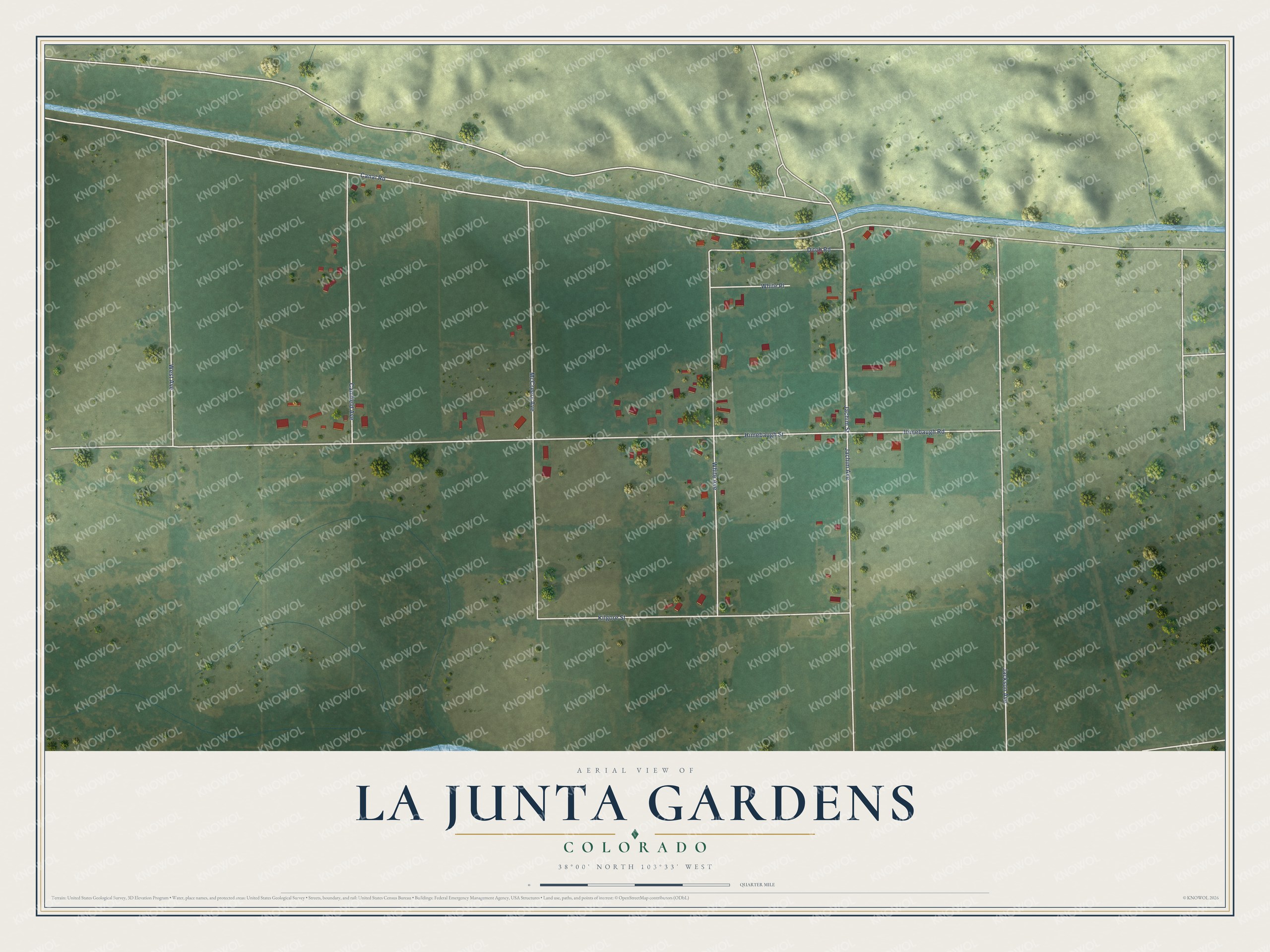 Full map of La Junta Gardens, Colorado, with red buildings, printed street names and the land around them