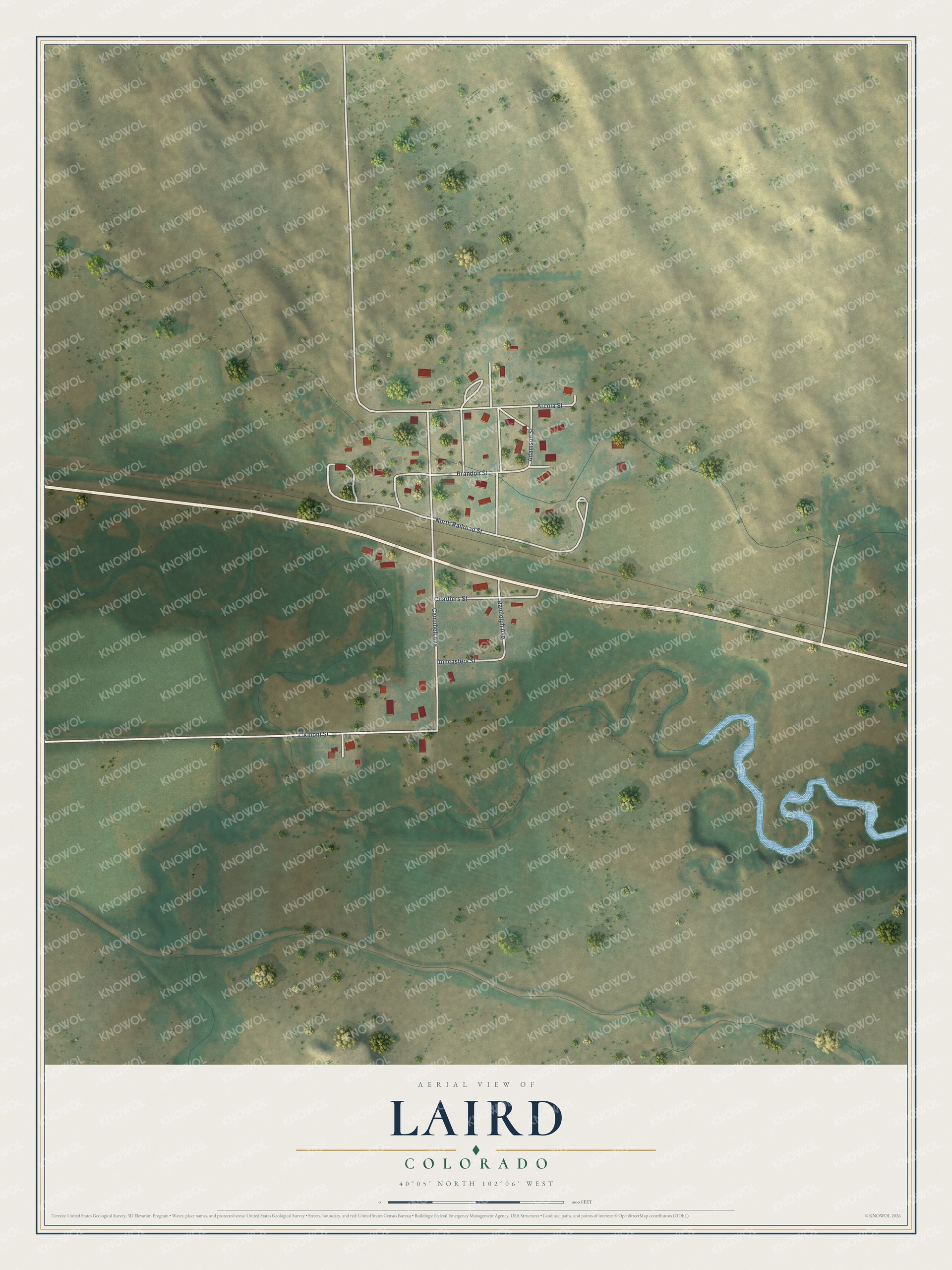 Full map of Laird, Colorado, with red buildings, printed street names and the land around them