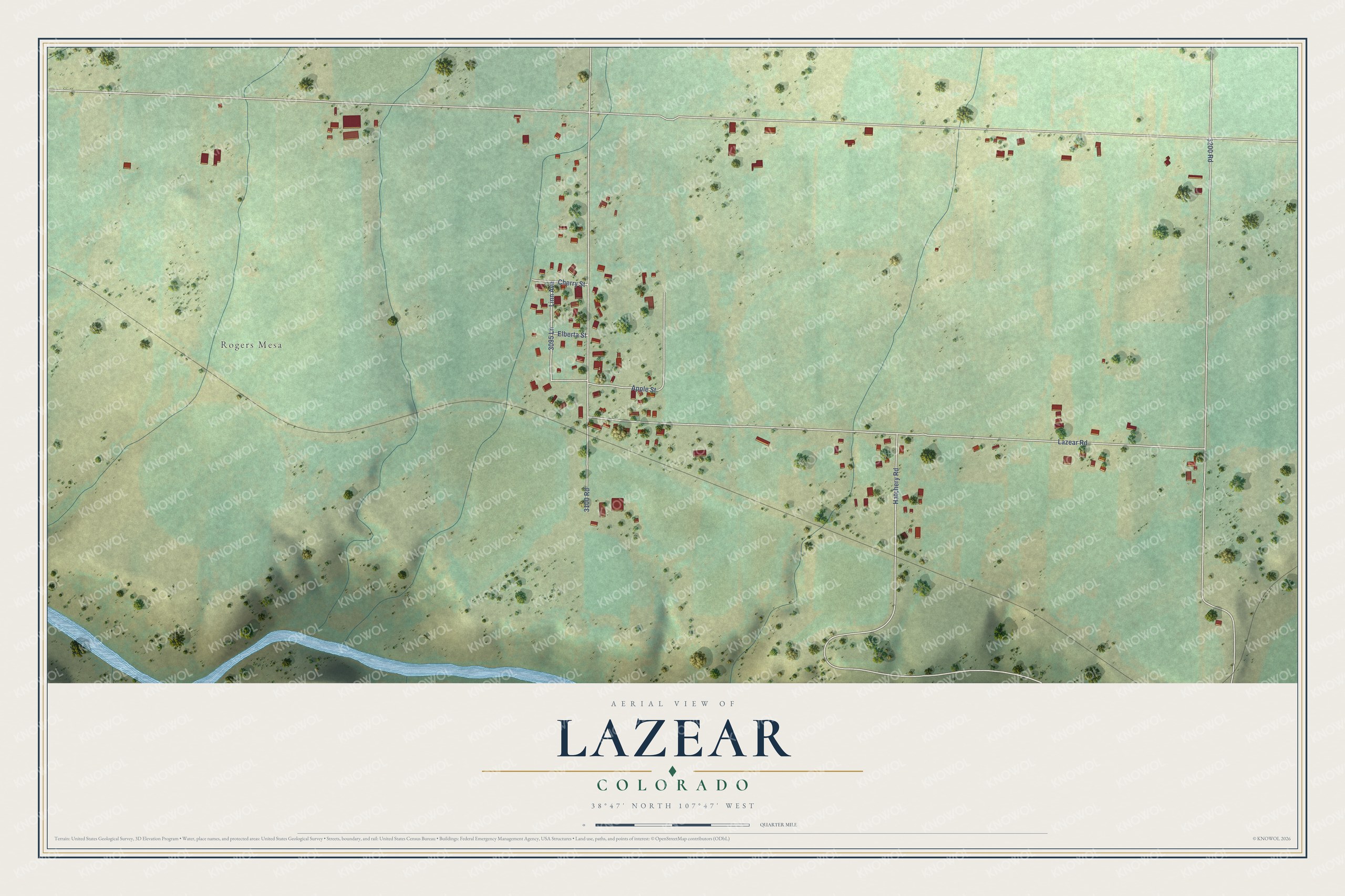Full map of Lazear, Colorado, with red buildings, printed street names and the land around them