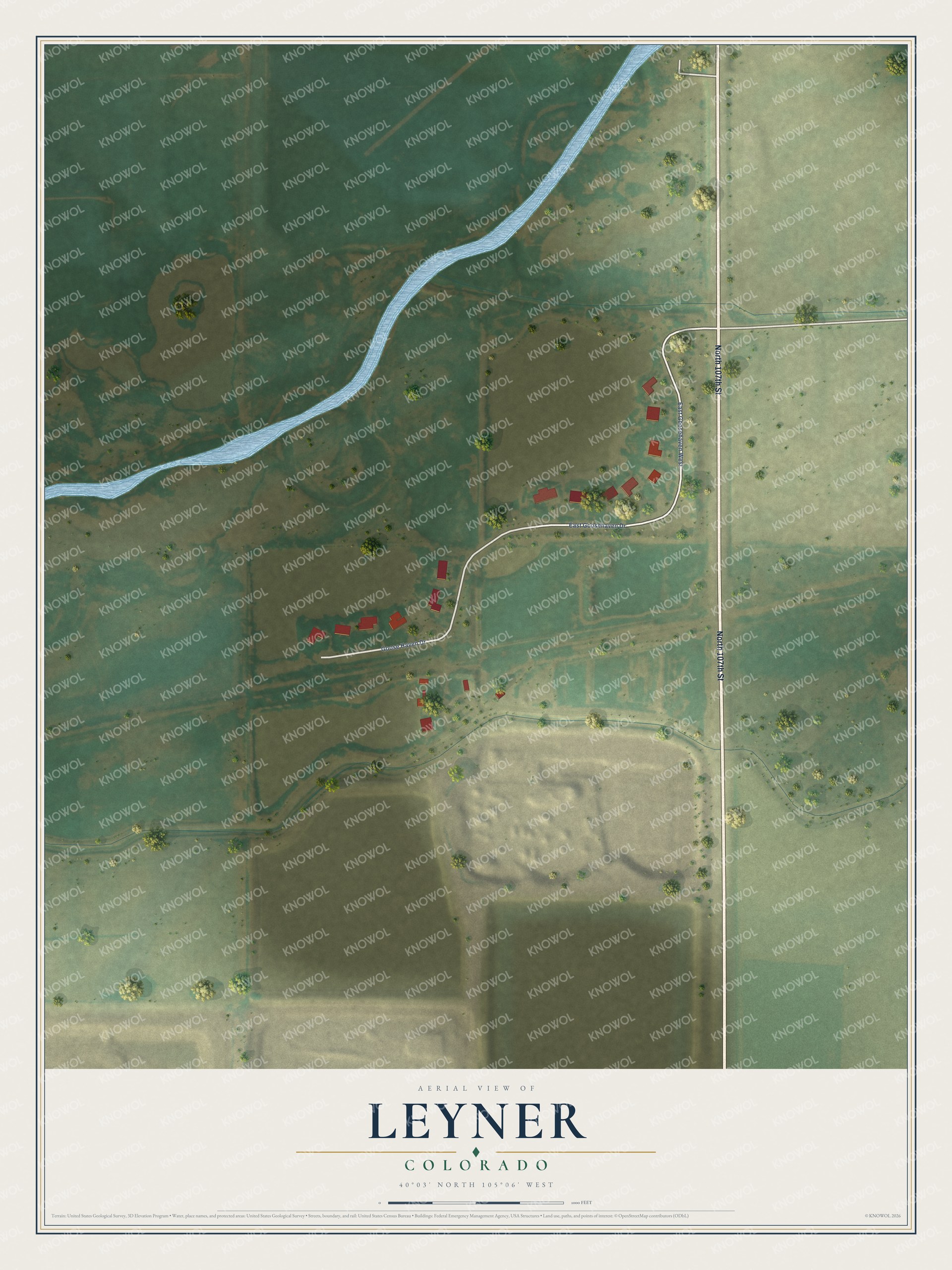 Full map of Leyner, Colorado, with red buildings, printed street names and the land around them